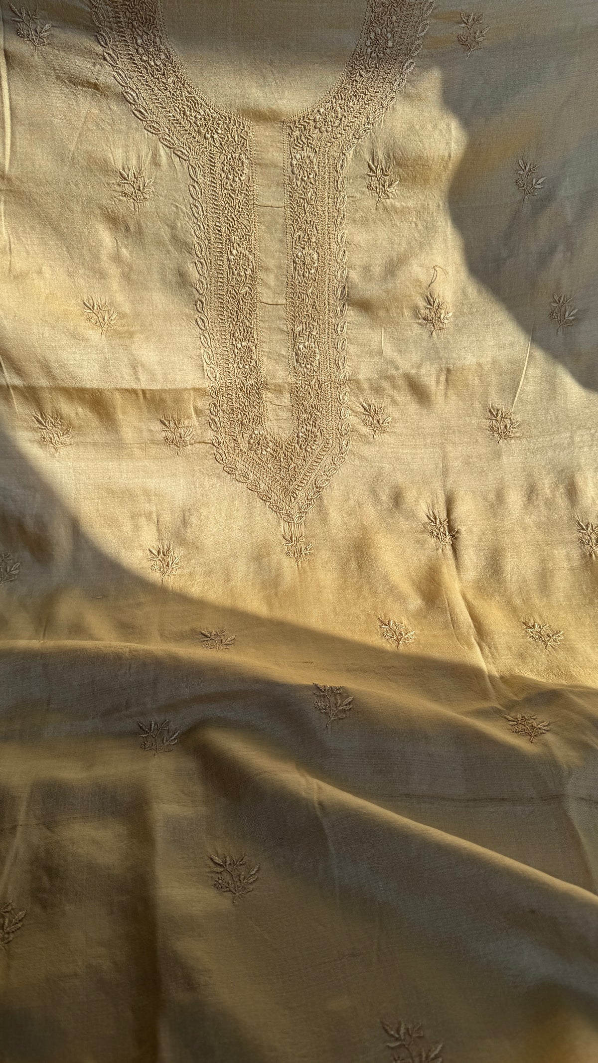 Pure Tussar Silk Chikankari Kurta Length - Mens Beige
