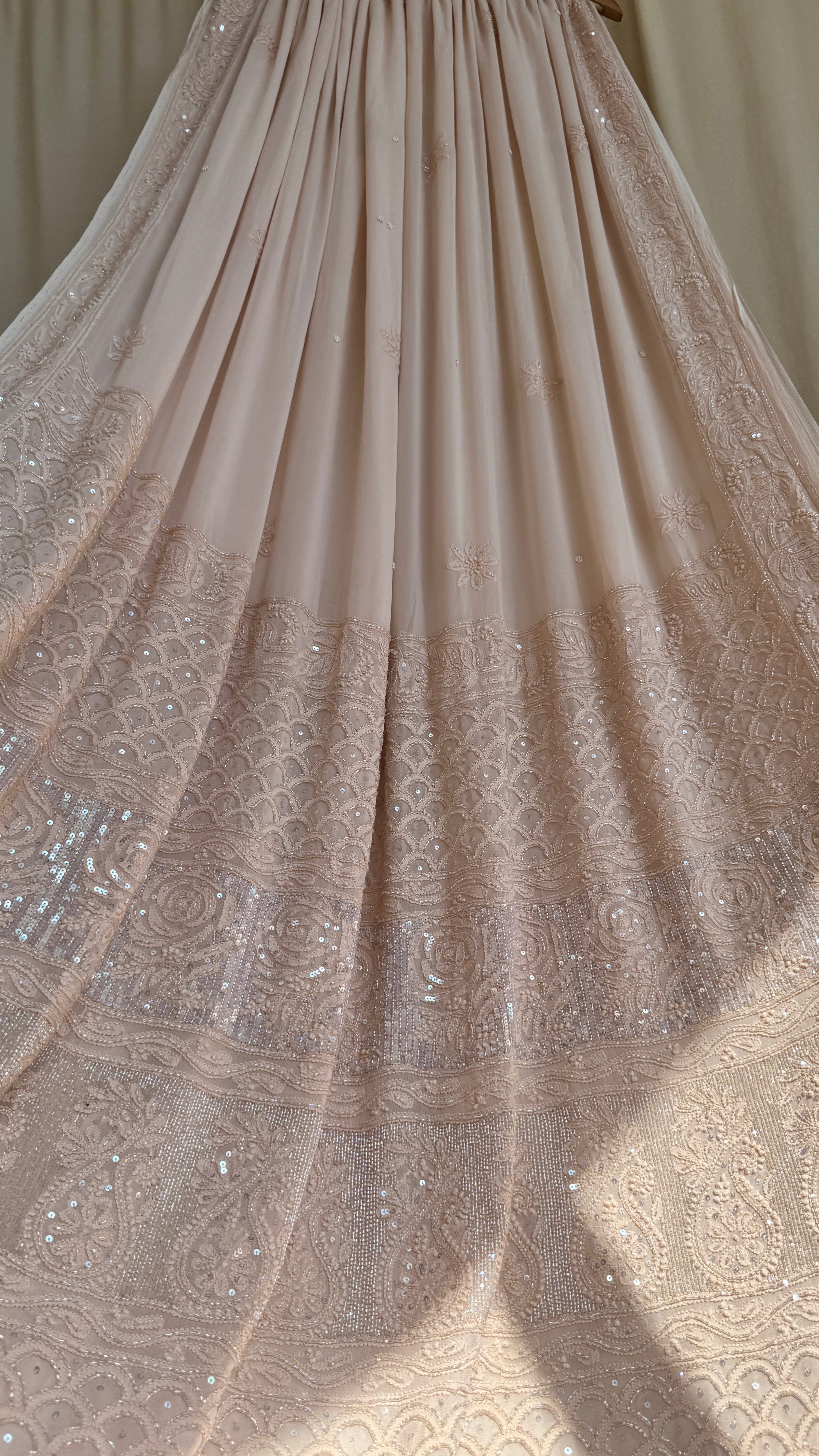 Viscose Nude Beige Chikankari saree with Pearl embellishments
