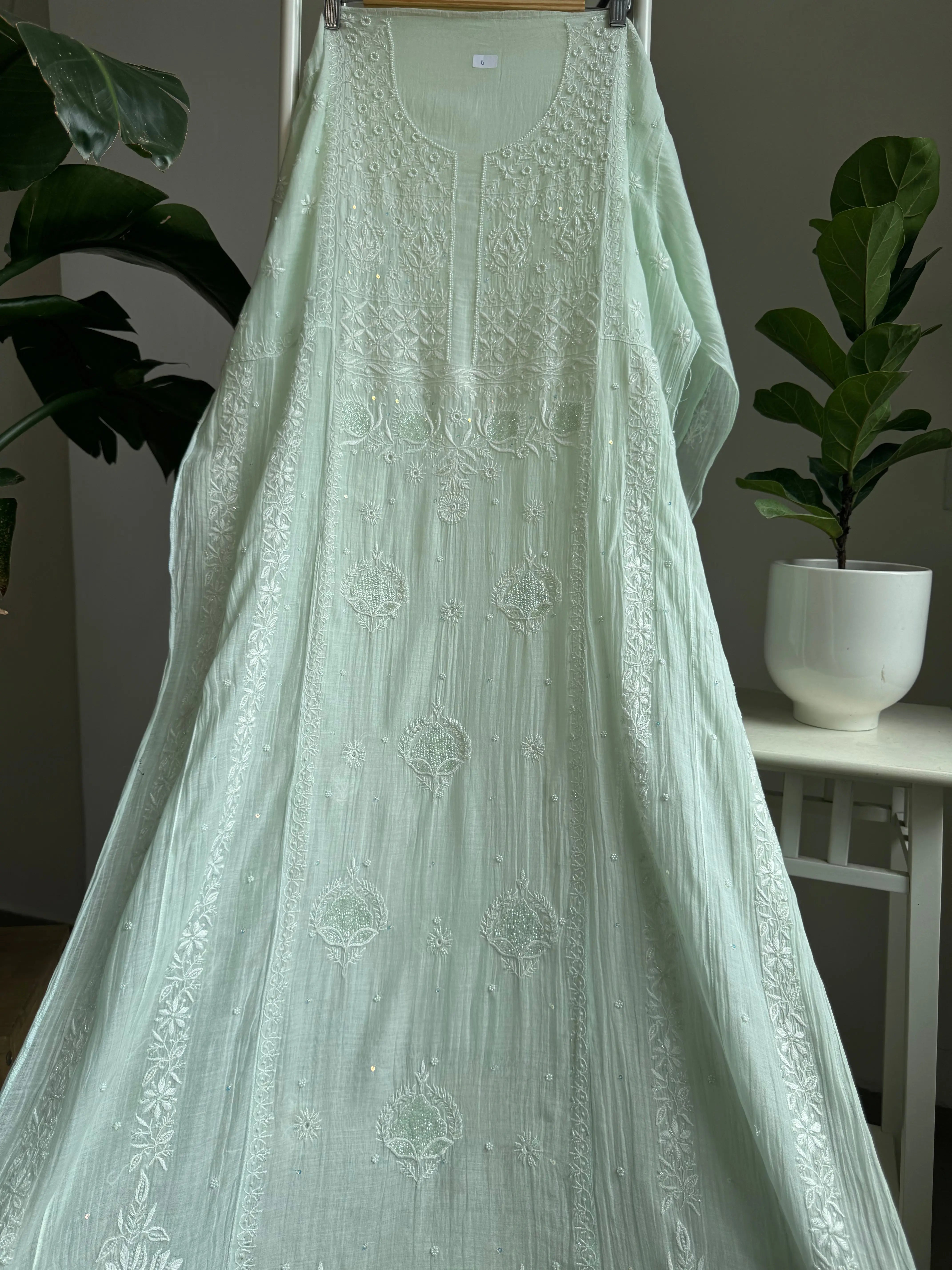 Mul Chanderi Anarkali - Pista Green ARIAA CHIKANKARI