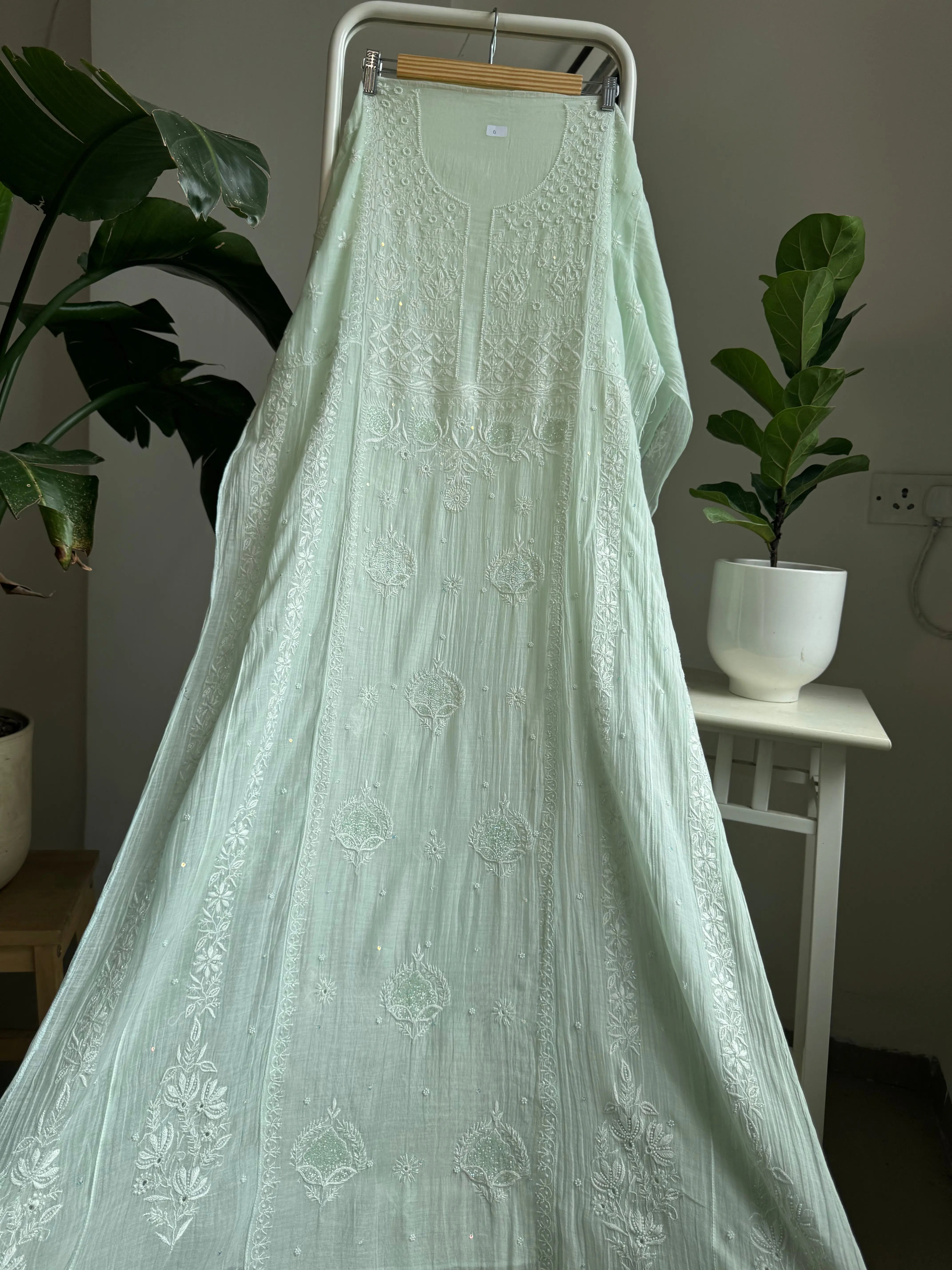 Mul Chanderi Anarkali - Pista Green ARIAA CHIKANKARI