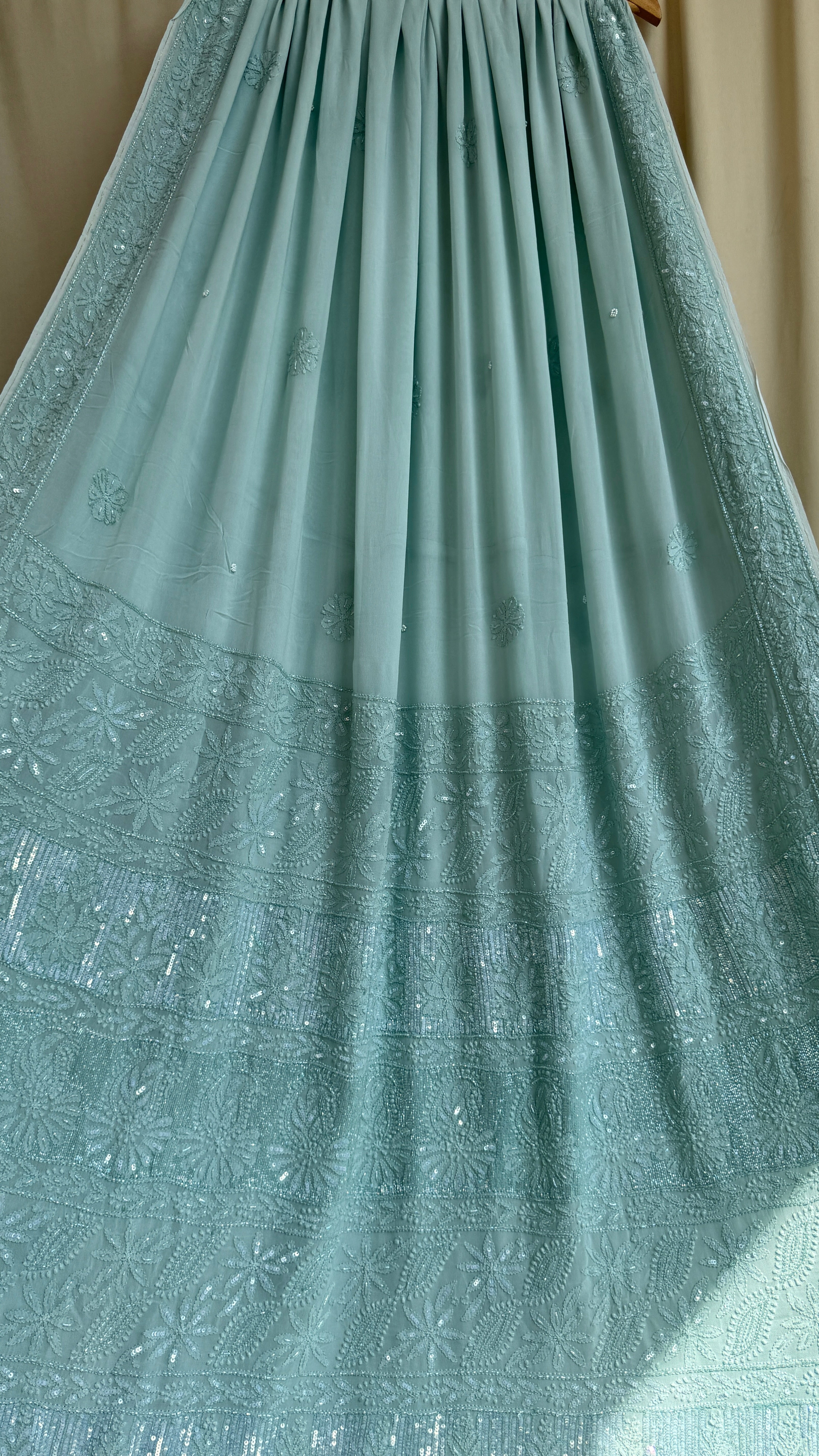 Viscose Green Chikankari saree with Pearl embellishments