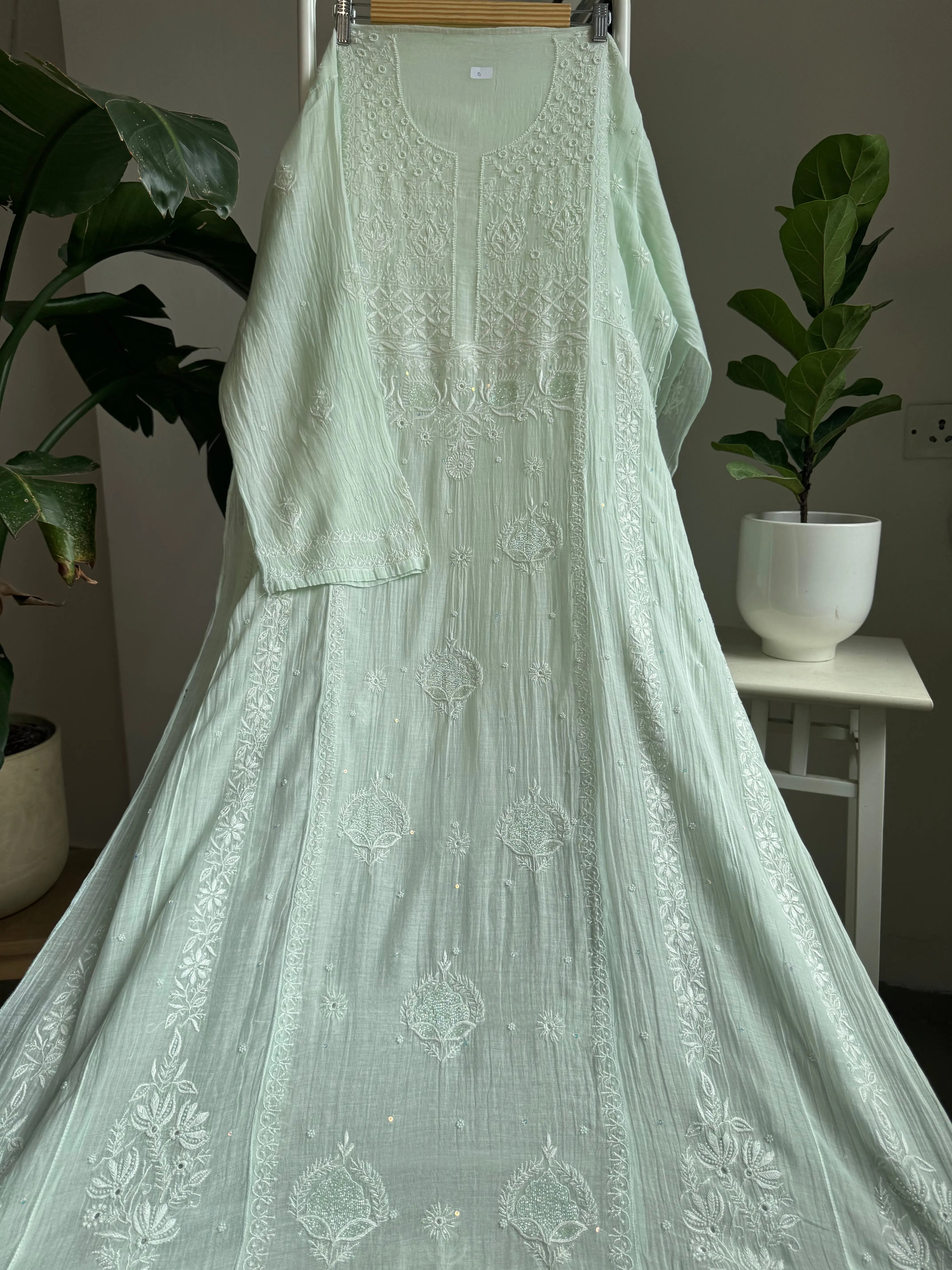 Mul Chanderi Anarkali - Pista Green ARIAA CHIKANKARI