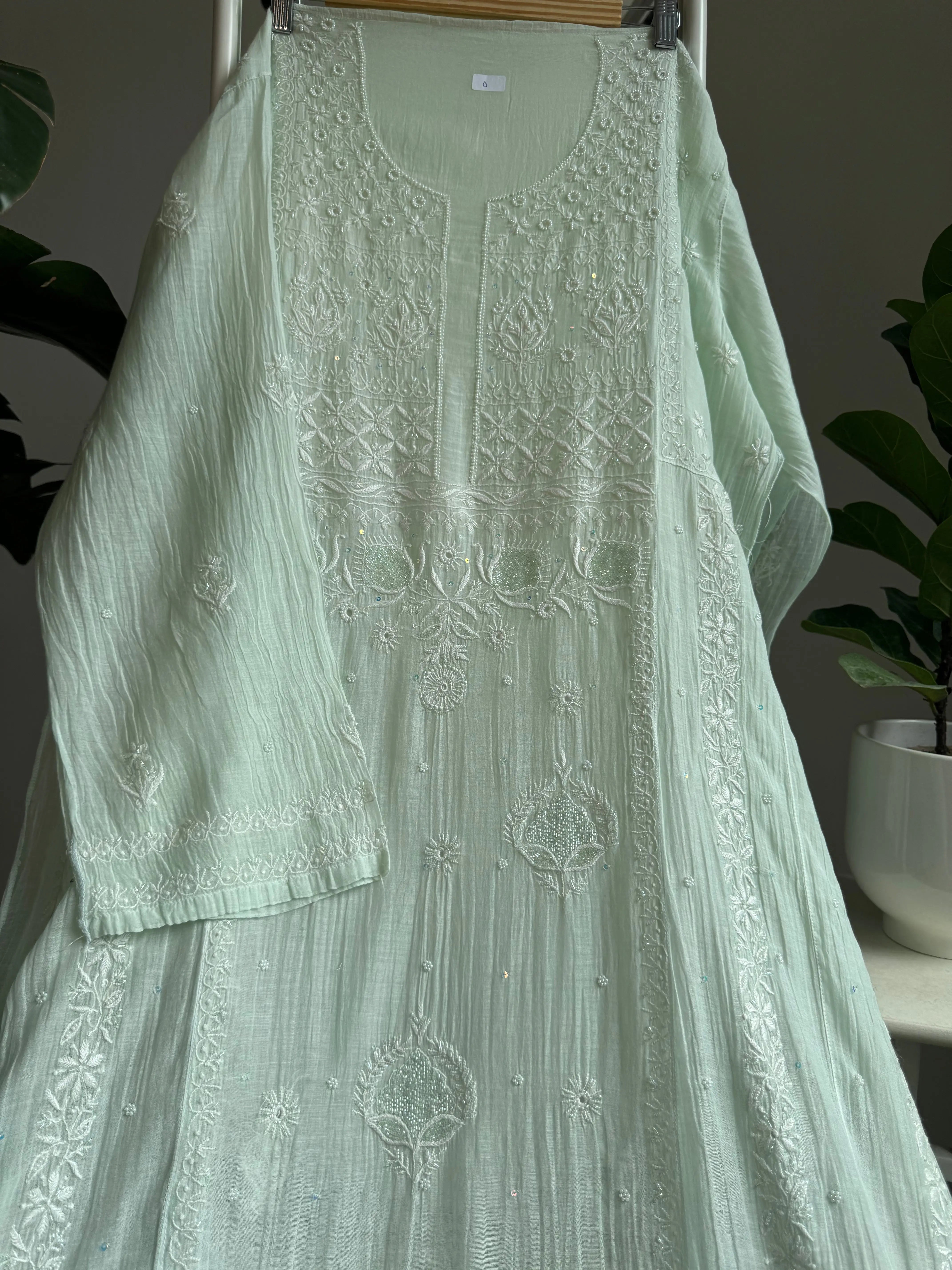 Mul Chanderi Anarkali - Pista Green ARIAA CHIKANKARI