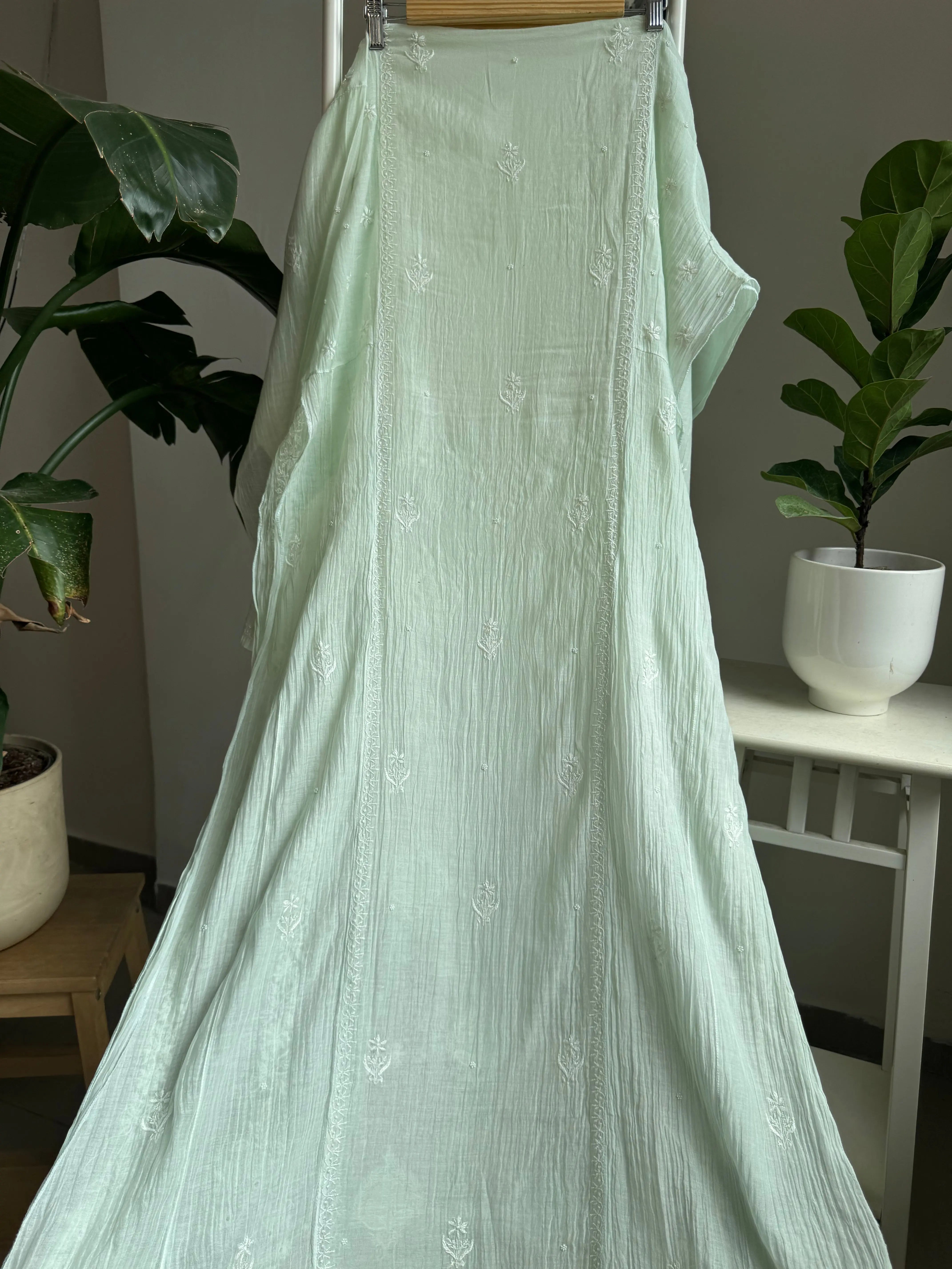 Mul Chanderi Anarkali - Pista Green ARIAA CHIKANKARI