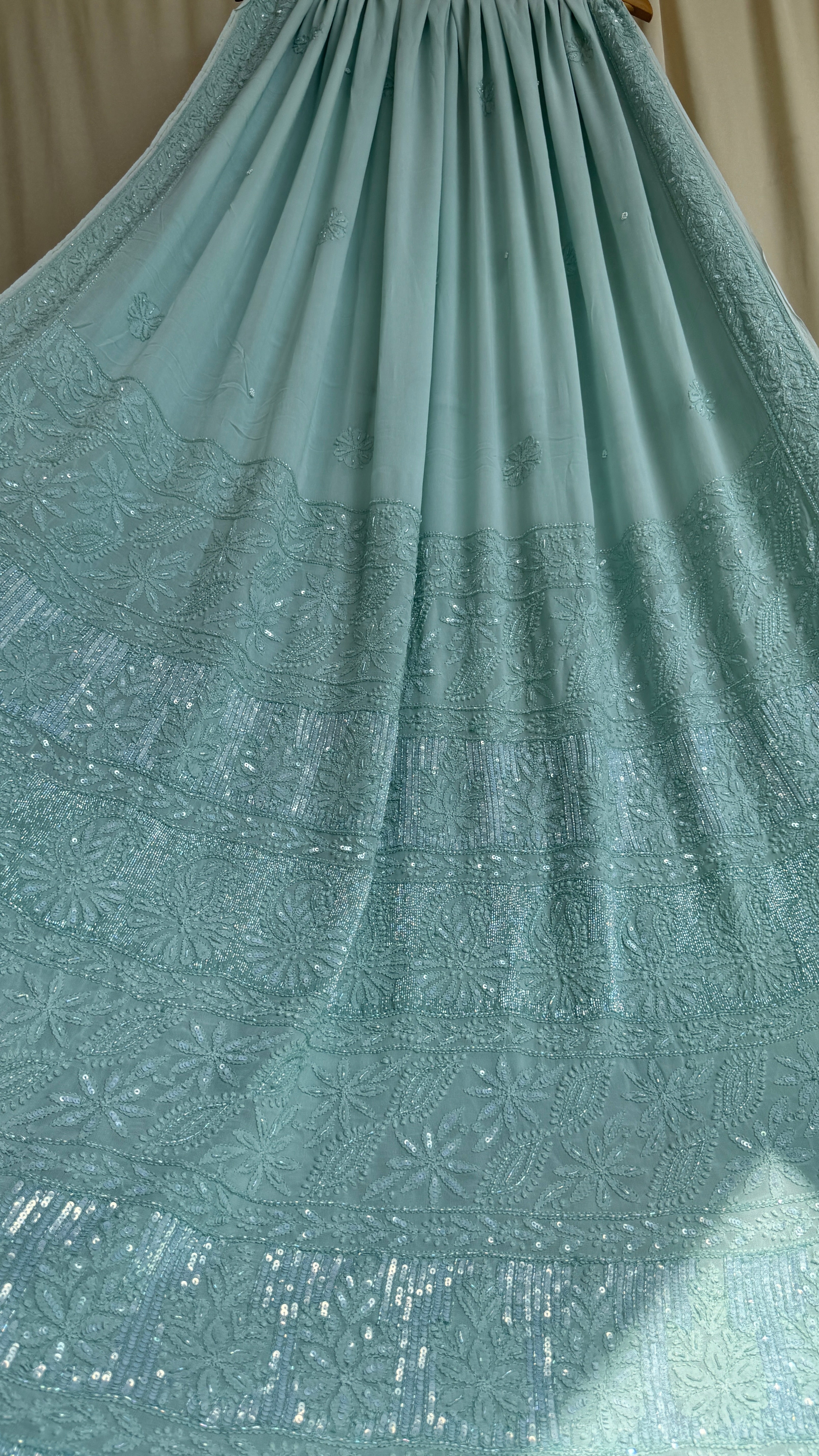 Viscose Green Chikankari saree with Pearl embellishments