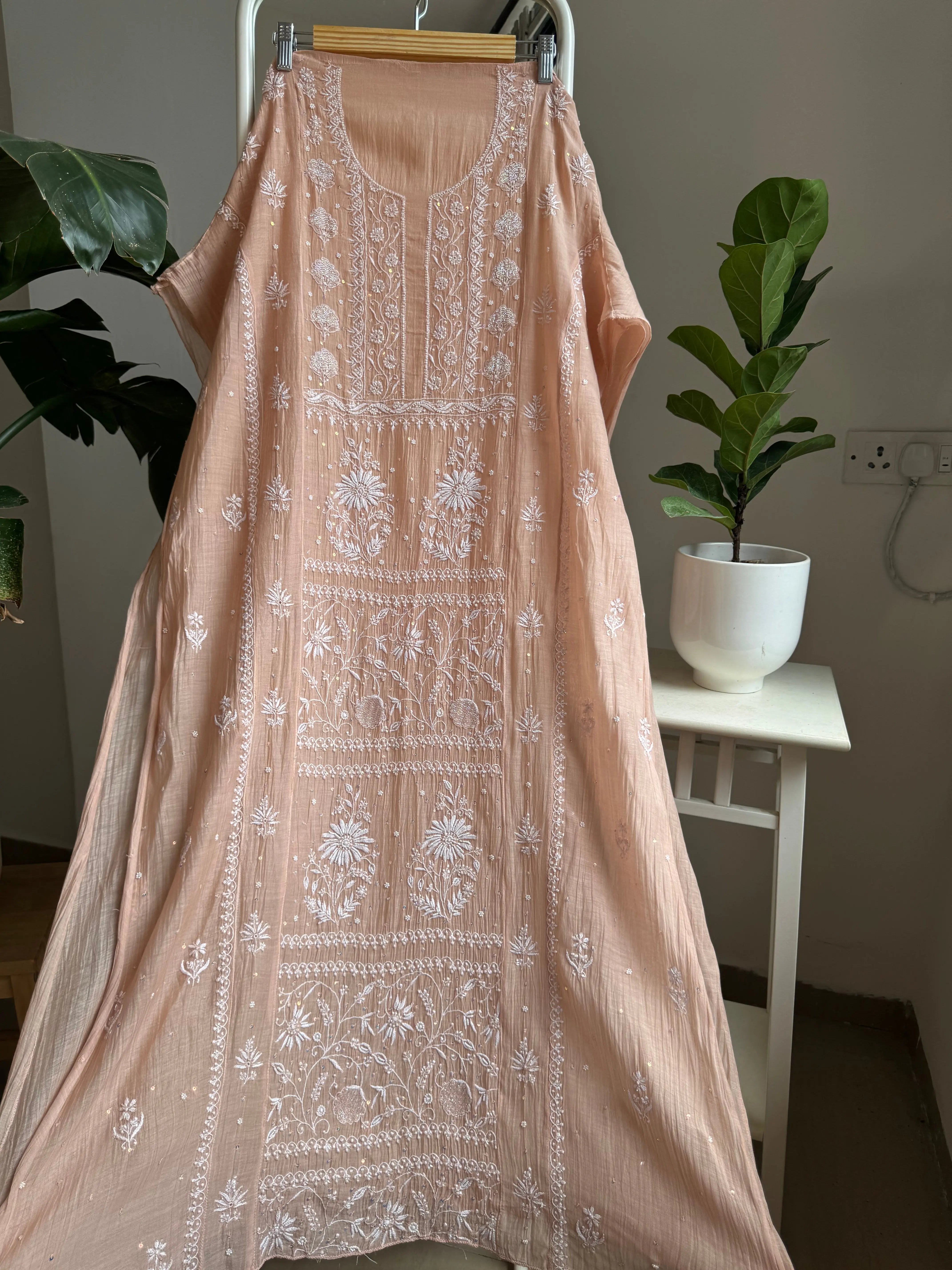 Mul Chanderi Straight Tunic -Light Brown ARIAA CHIKANKARI