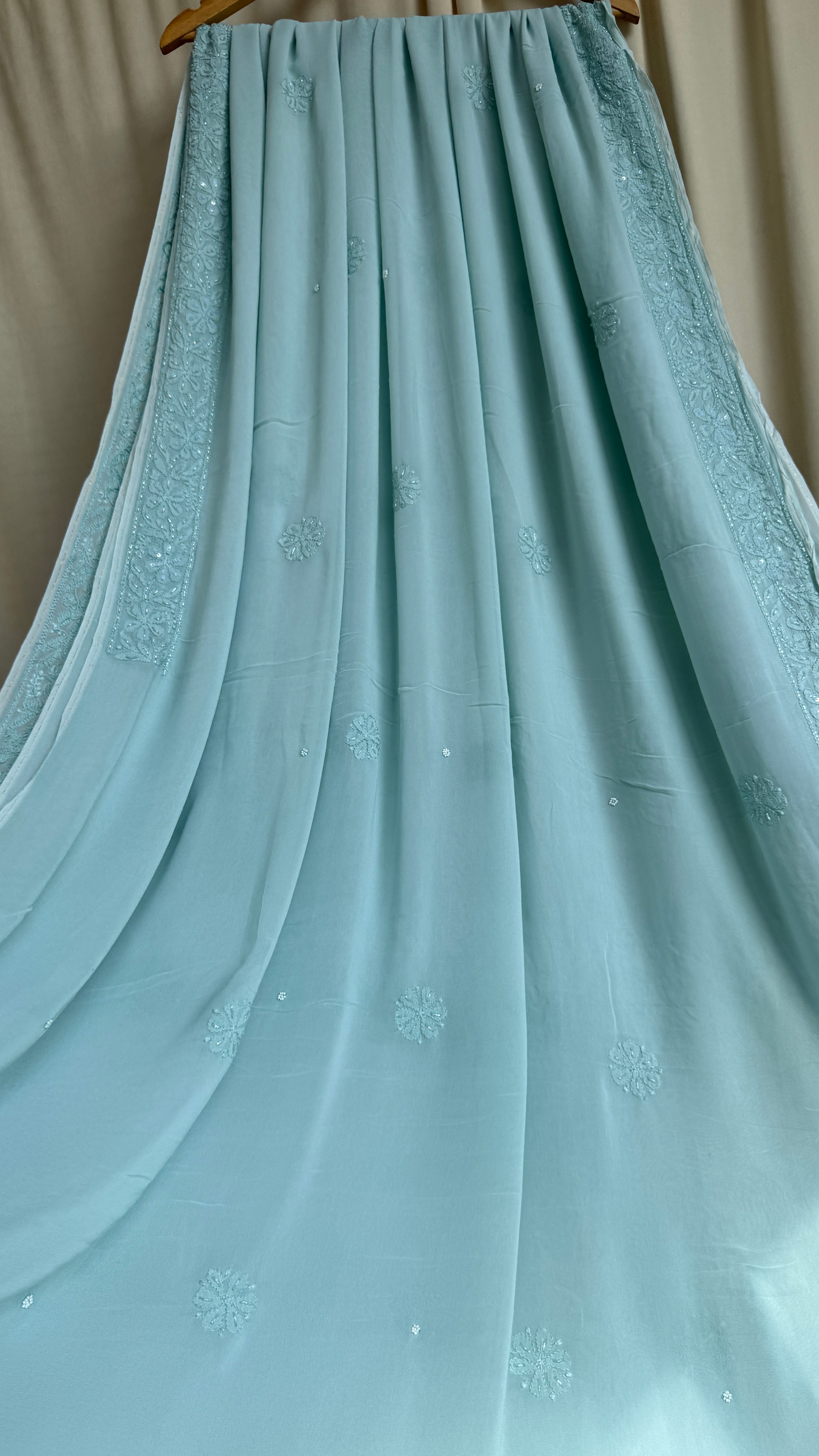 Viscose Green Chikankari saree with Pearl embellishments