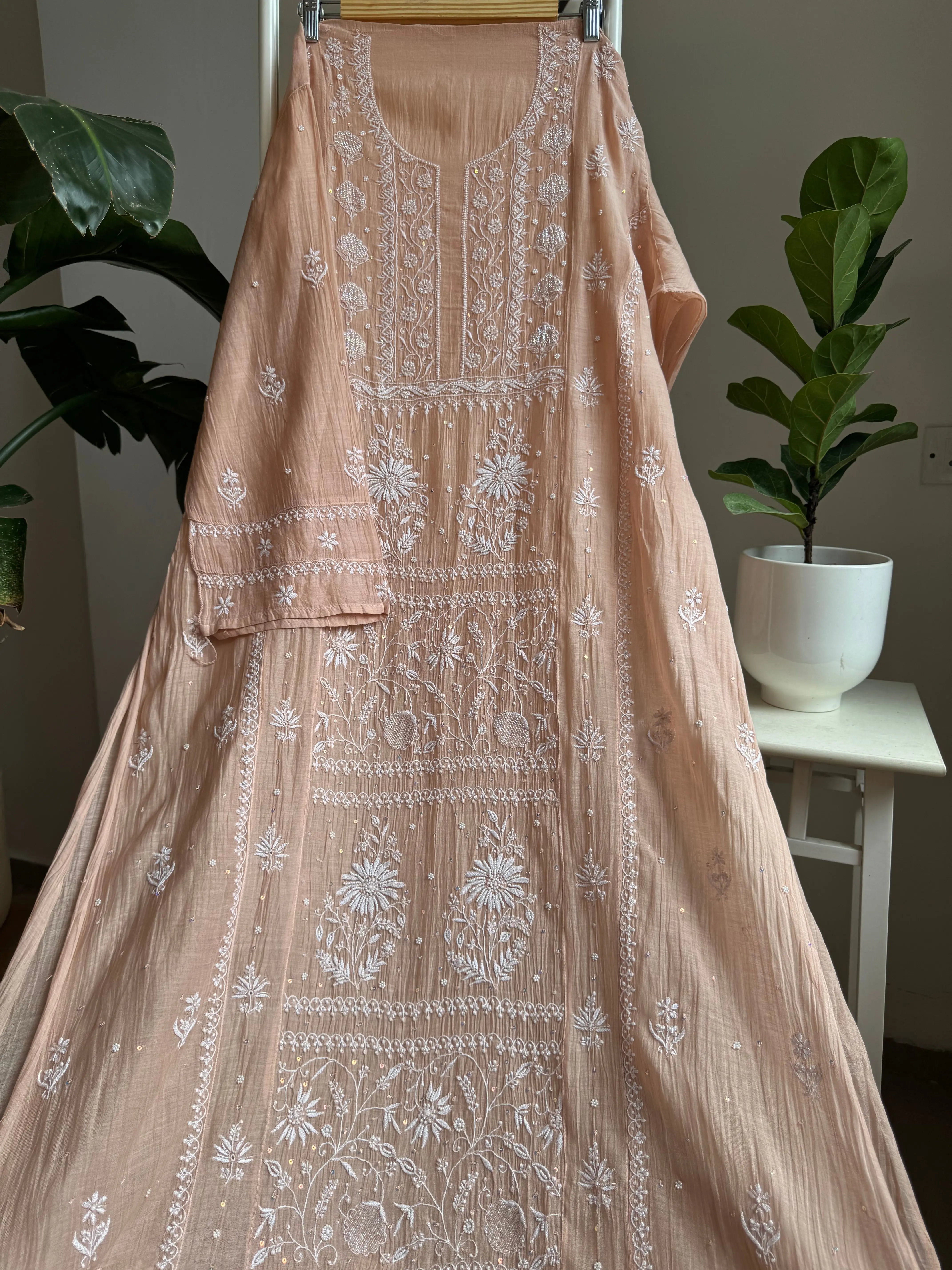 Mul Chanderi Straight Tunic -Light Brown ARIAA CHIKANKARI