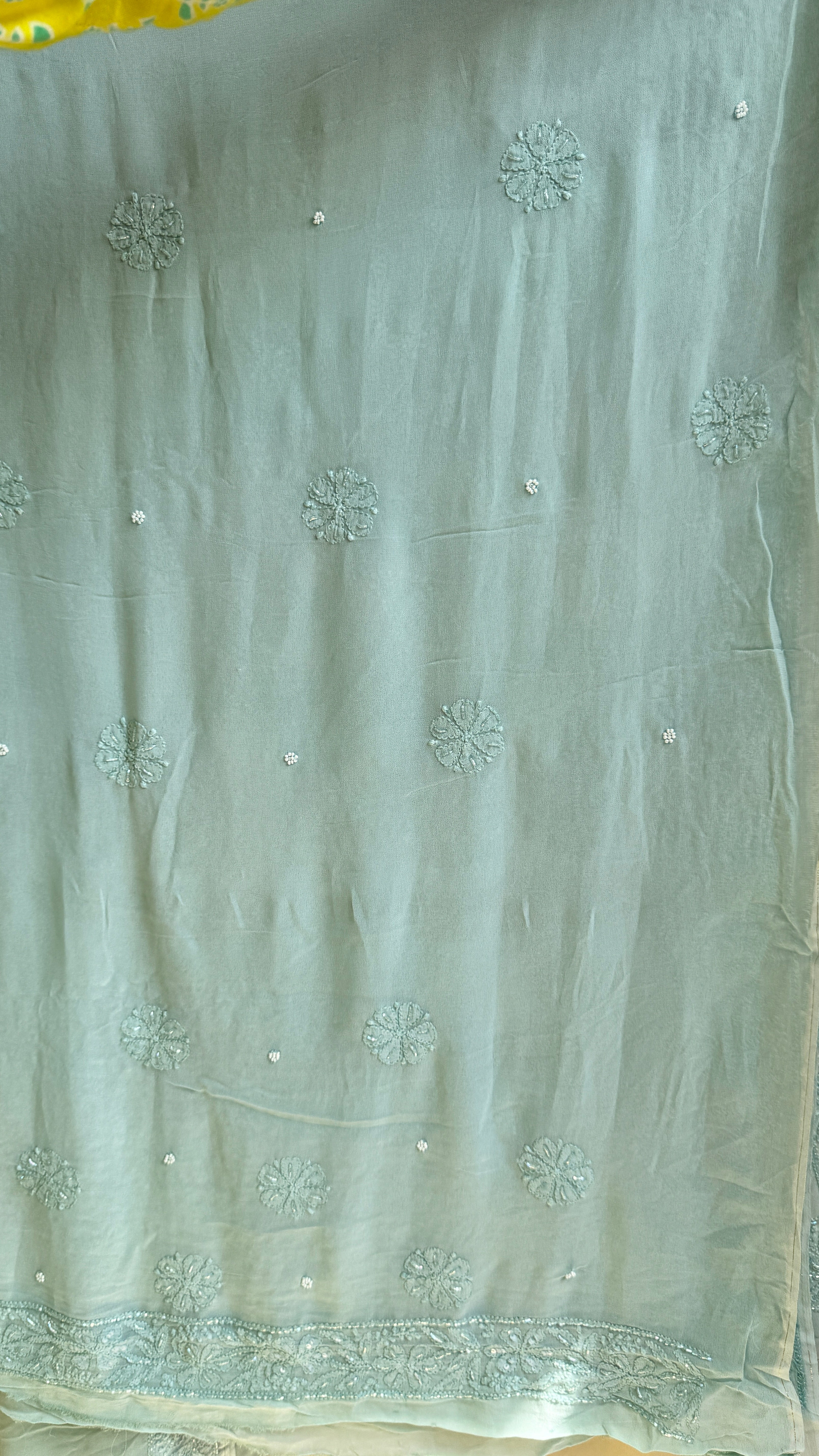 Viscose Green Chikankari saree with Pearl embellishments