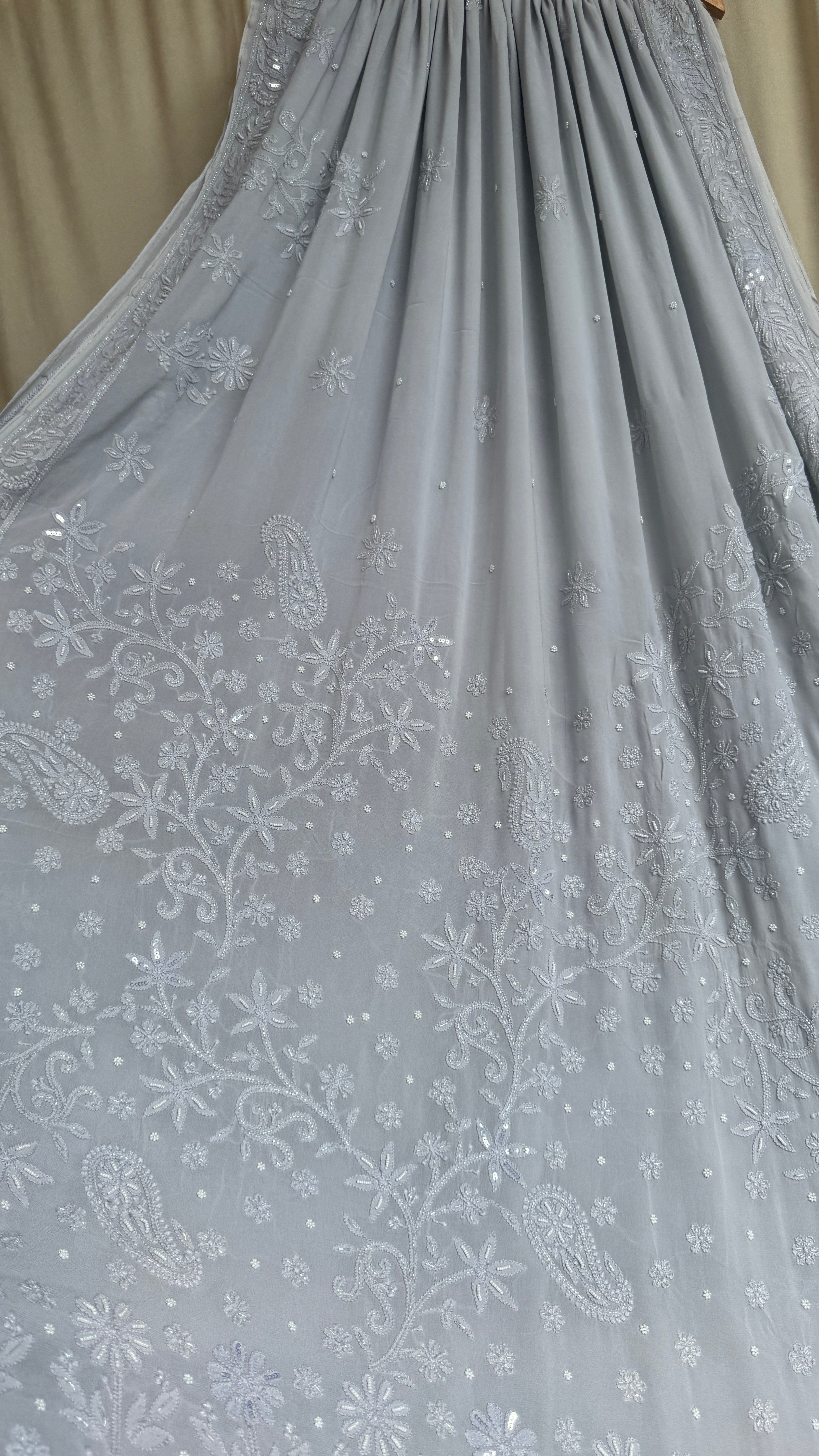 Viscose Light cool grey Chikankari saree with Pearl embellishments