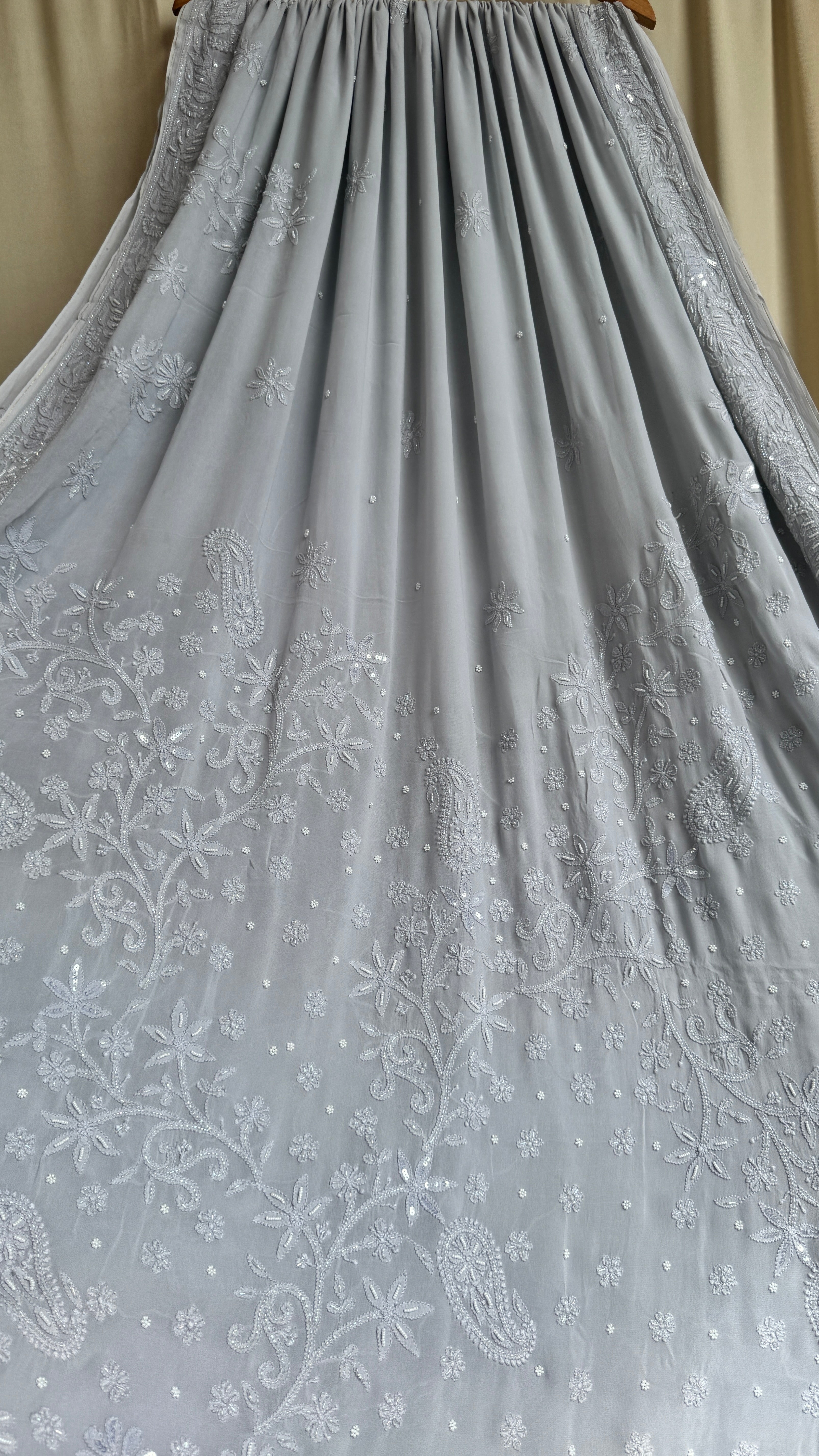 Viscose Light cool grey Chikankari saree with Pearl embellishments