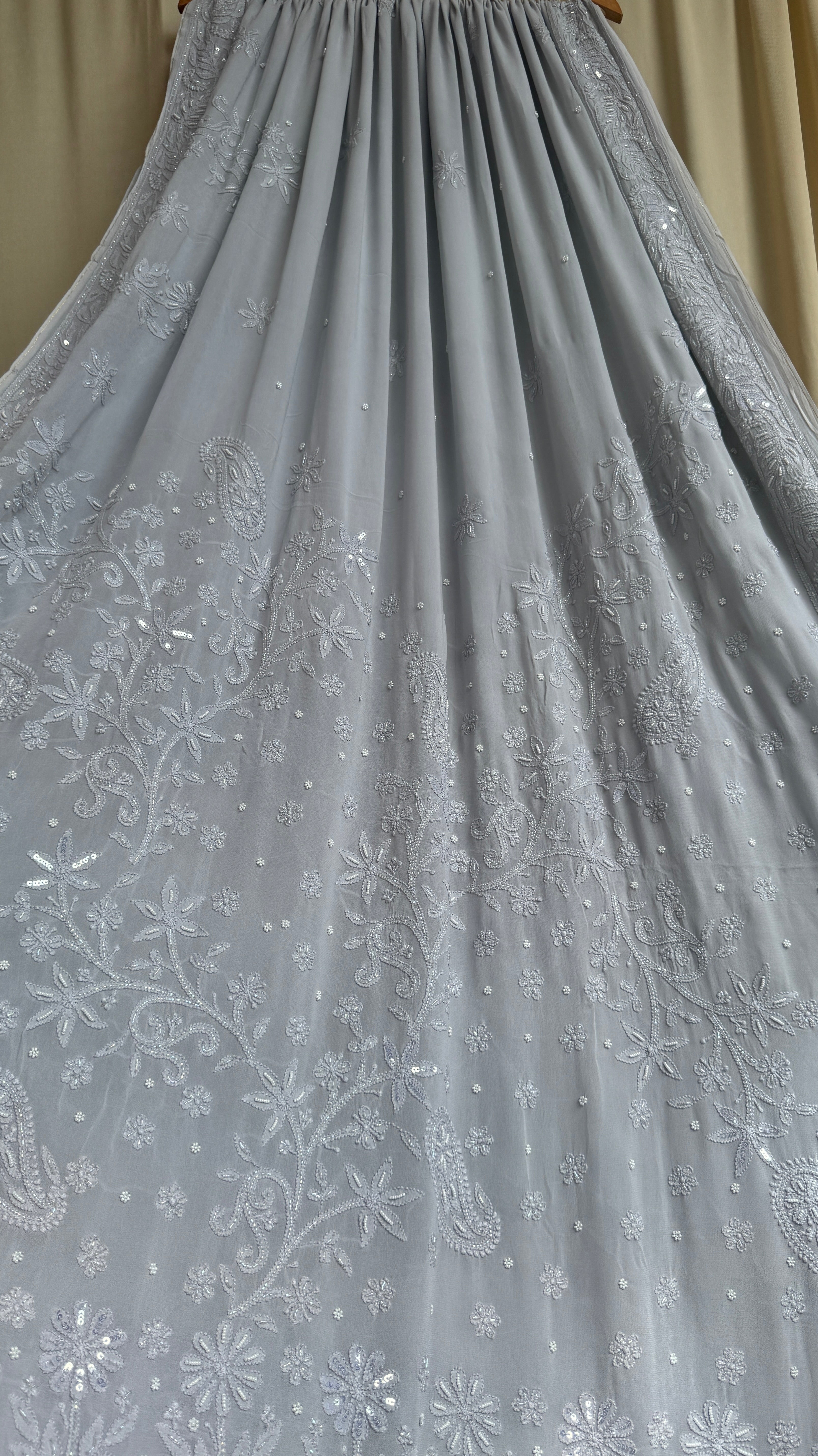 Viscose Light cool grey Chikankari saree with Pearl embellishments