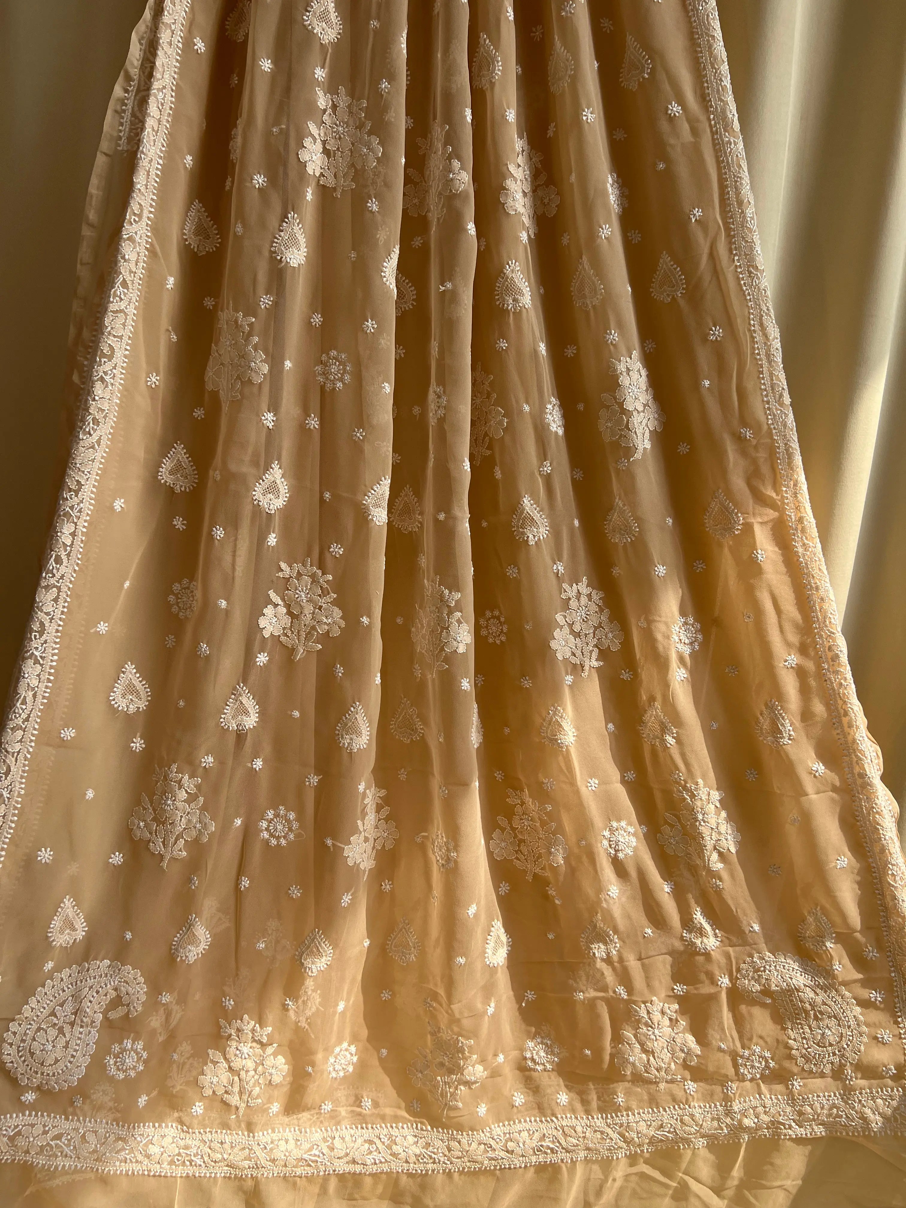 Georgette Chikankari saree in Coffee Brown ARIAA CHIKANKARI