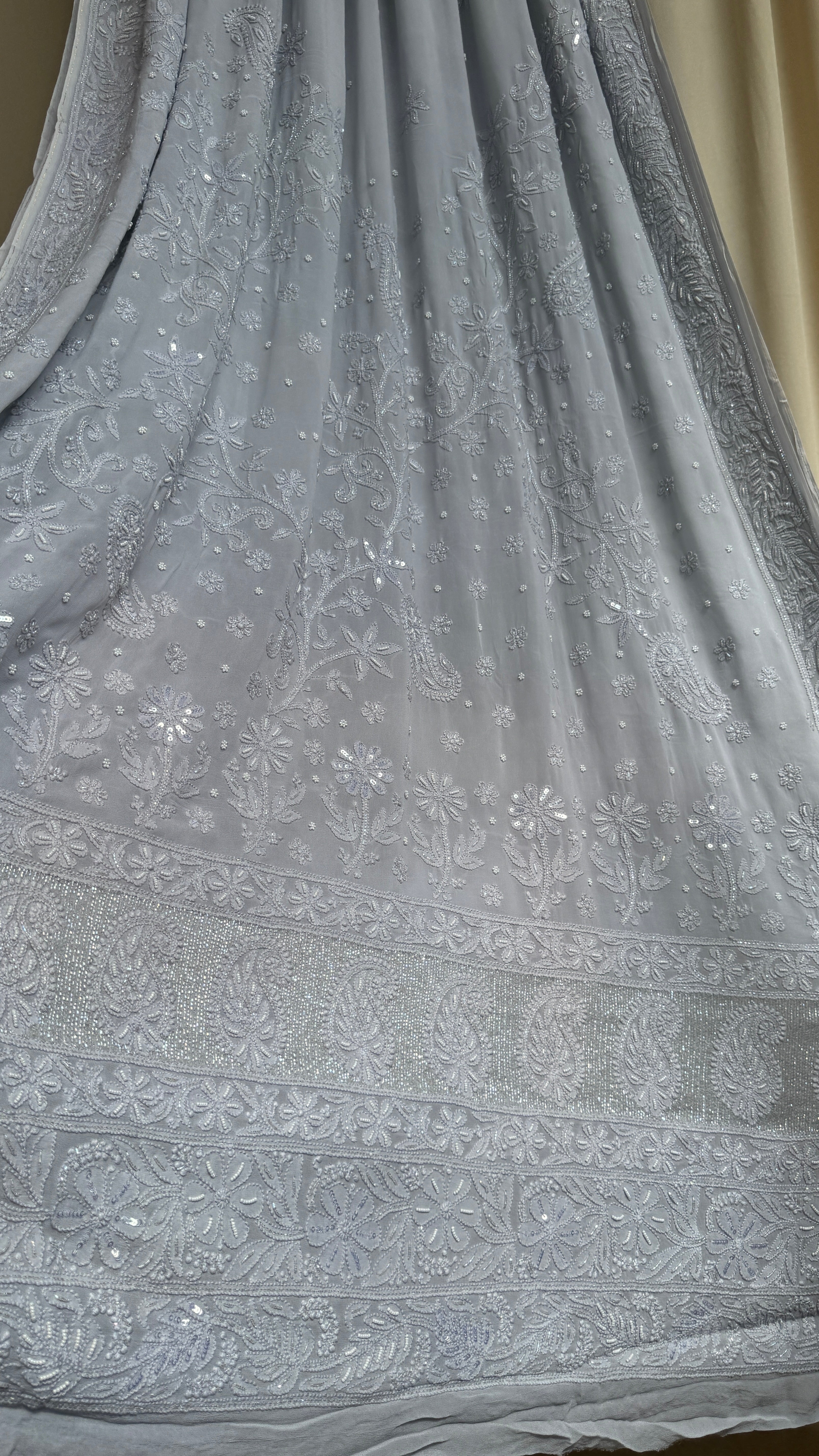 Viscose Light cool grey Chikankari saree with Pearl embellishments
