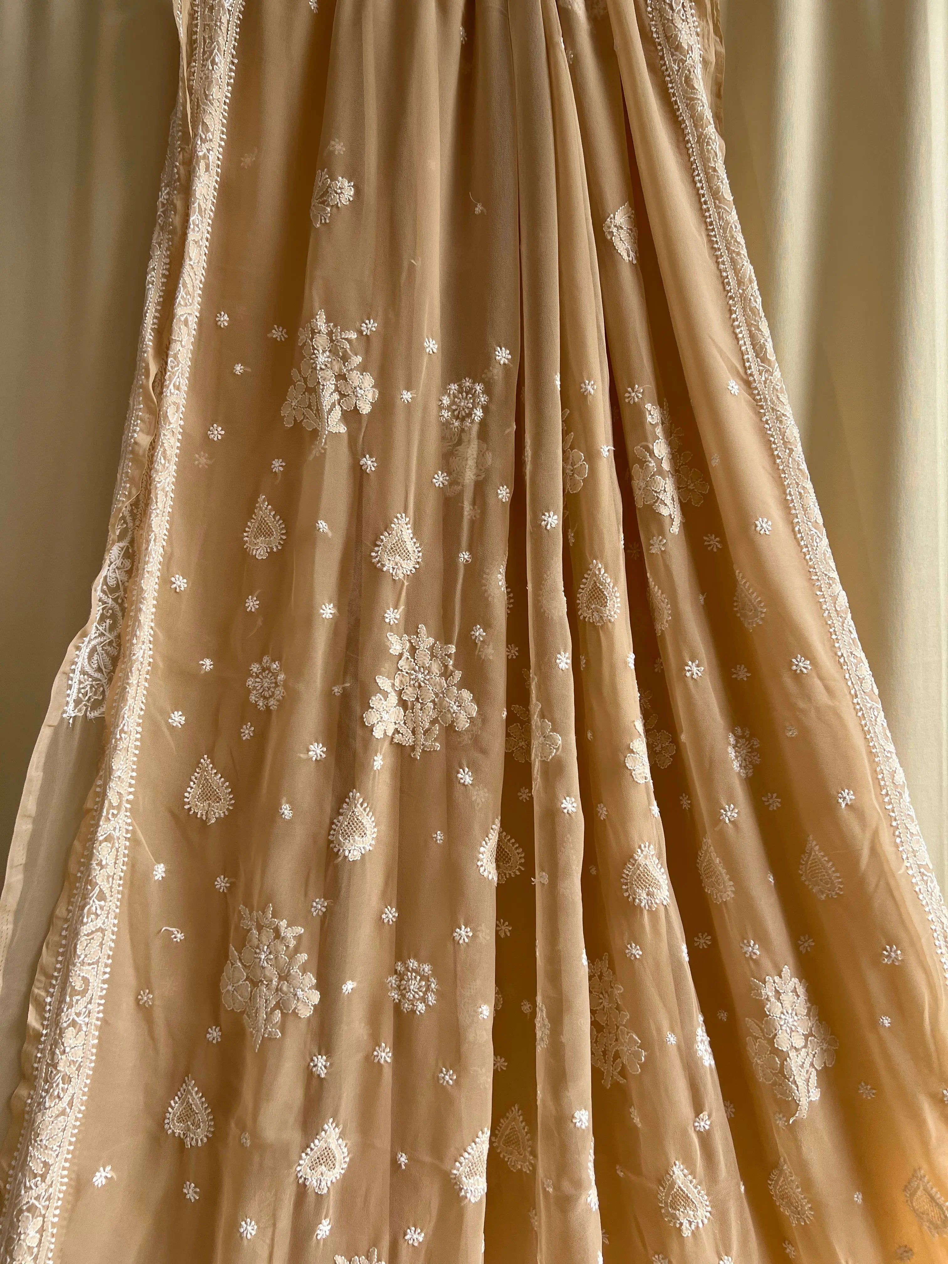 Georgette Chikankari saree in Coffee Brown ARIAA CHIKANKARI