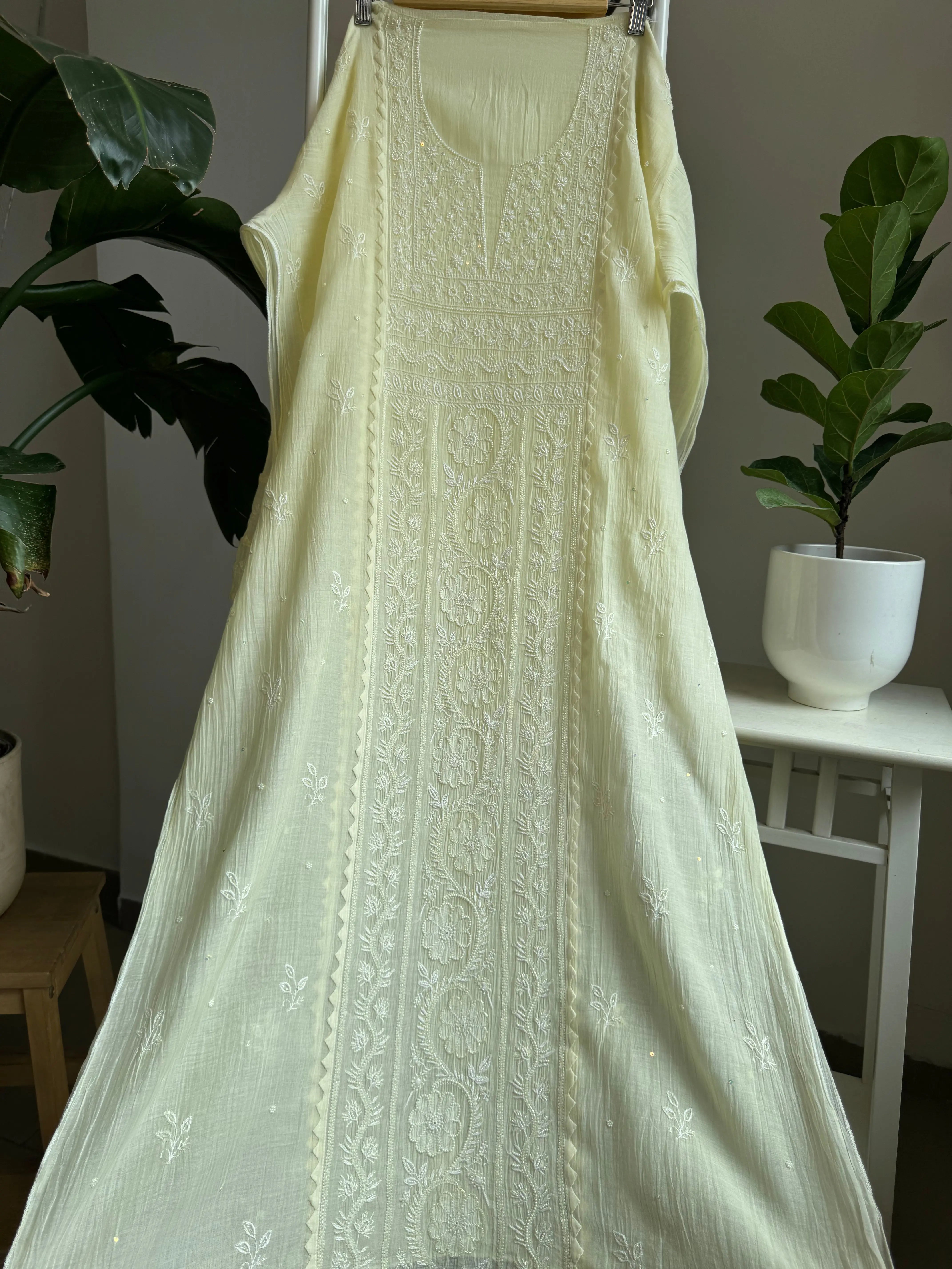 Mul Chanderi Straight Tunic - yellow ARIAA CHIKANKARI