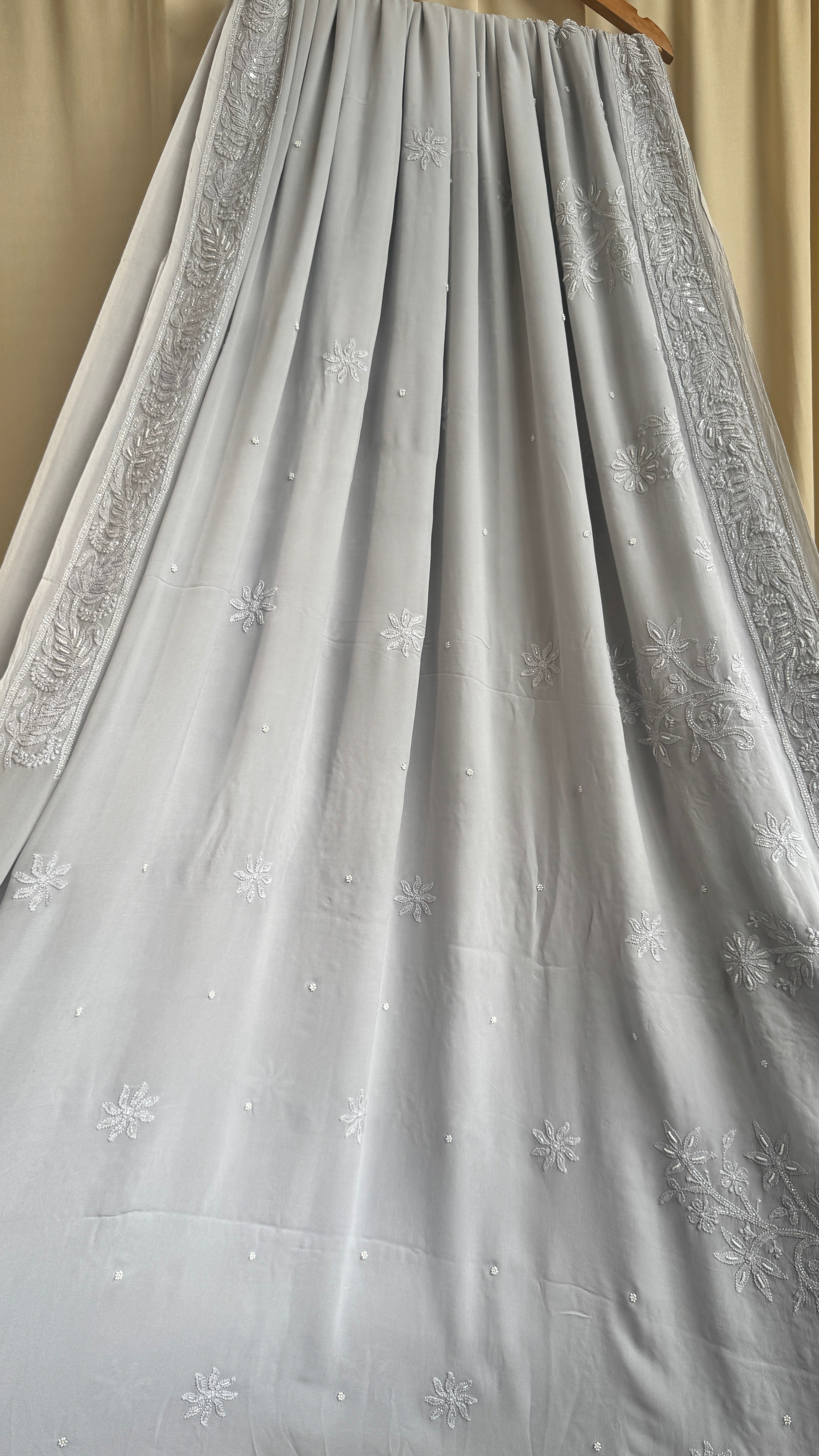 Viscose Light cool grey Chikankari saree with Pearl embellishments