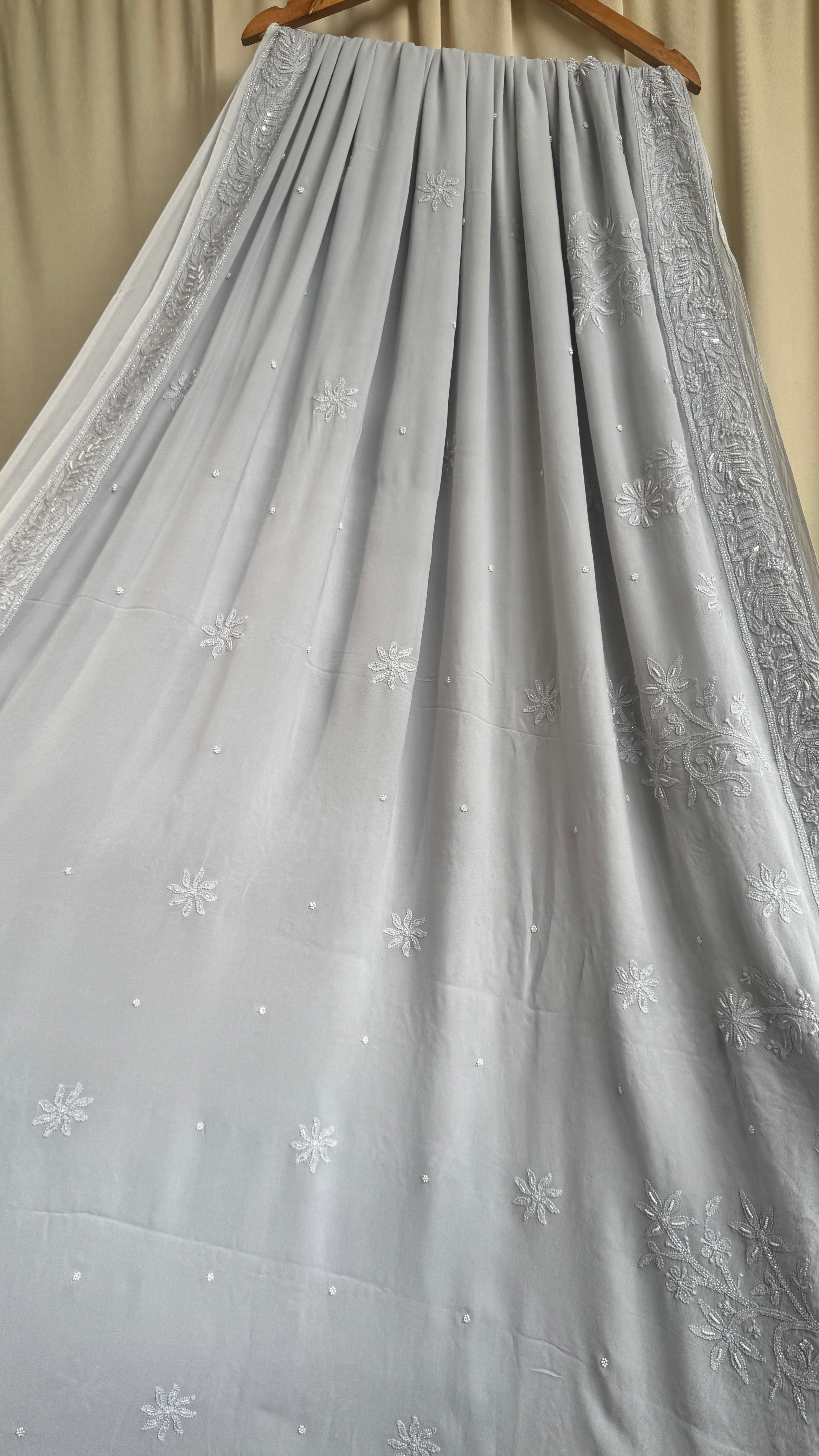 Viscose Light cool grey Chikankari saree with Pearl embellishments
