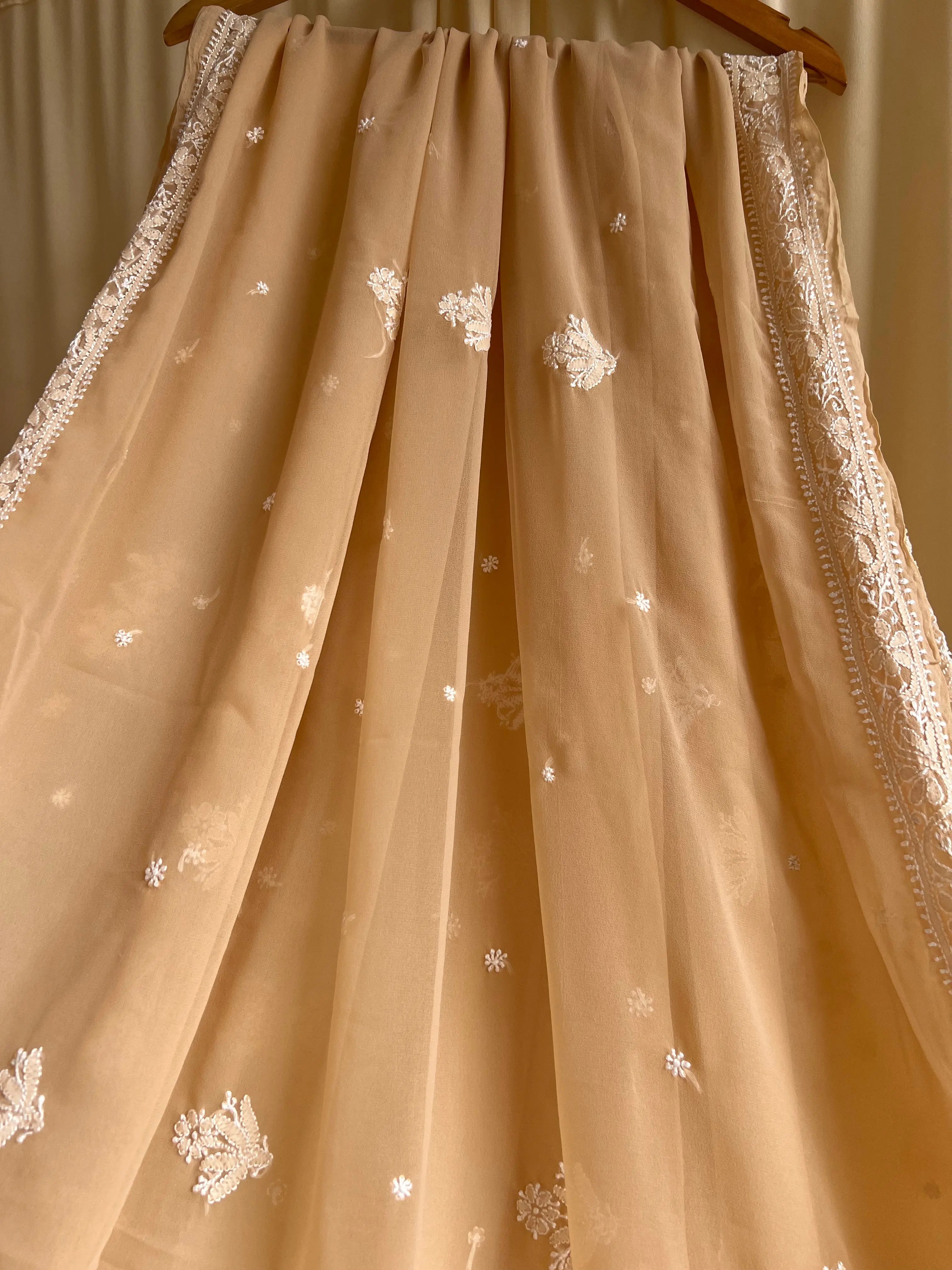 Georgette Chikankari saree in Coffee Brown ARIAA CHIKANKARI
