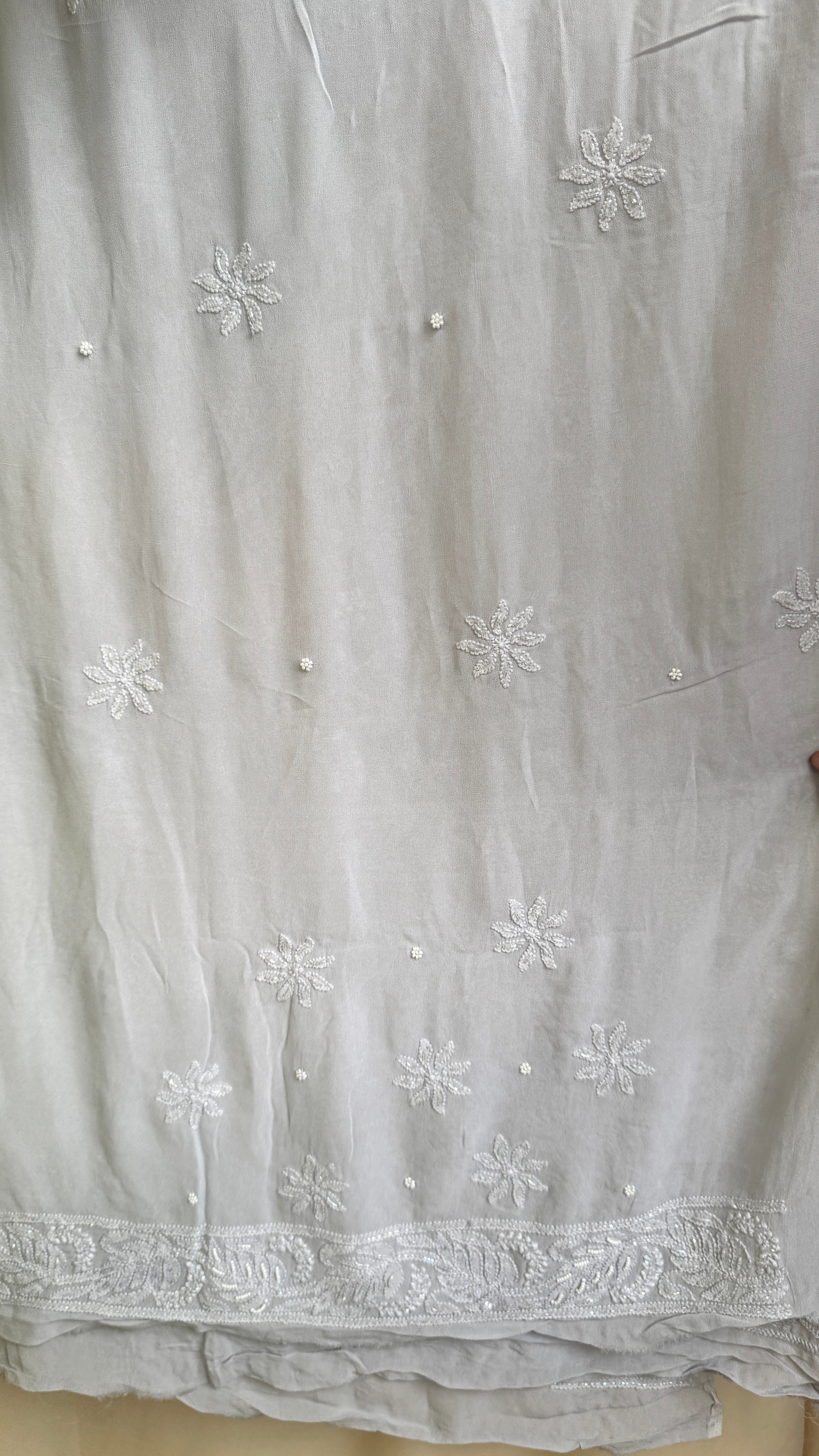 Viscose Light cool grey Chikankari saree with Pearl embellishments