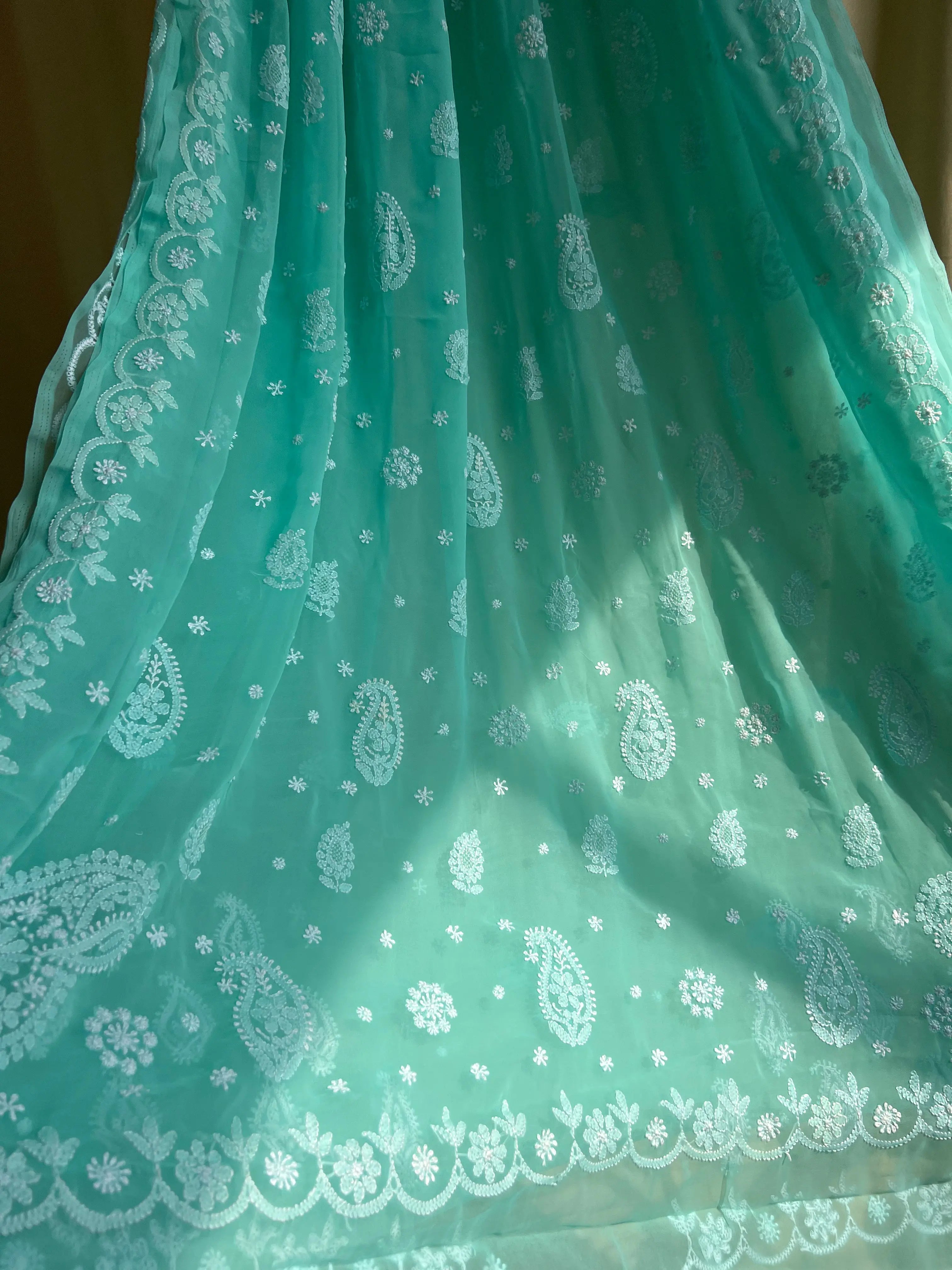 Georgette Chikankari saree in Green ARIAA CHIKANKARI