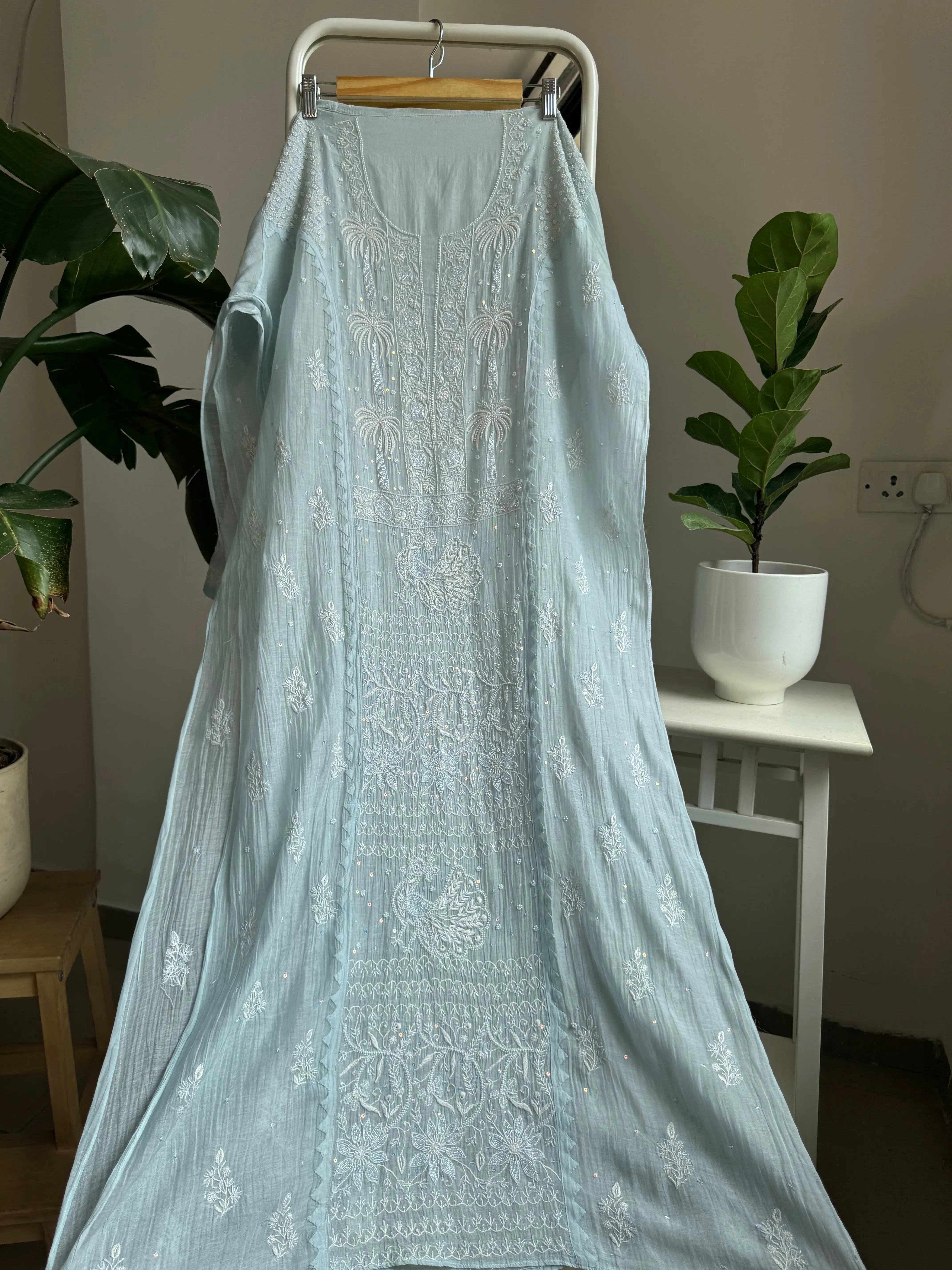 Mul Chanderi Straight Tunic - Baby Blue ARIAA CHIKANKARI
