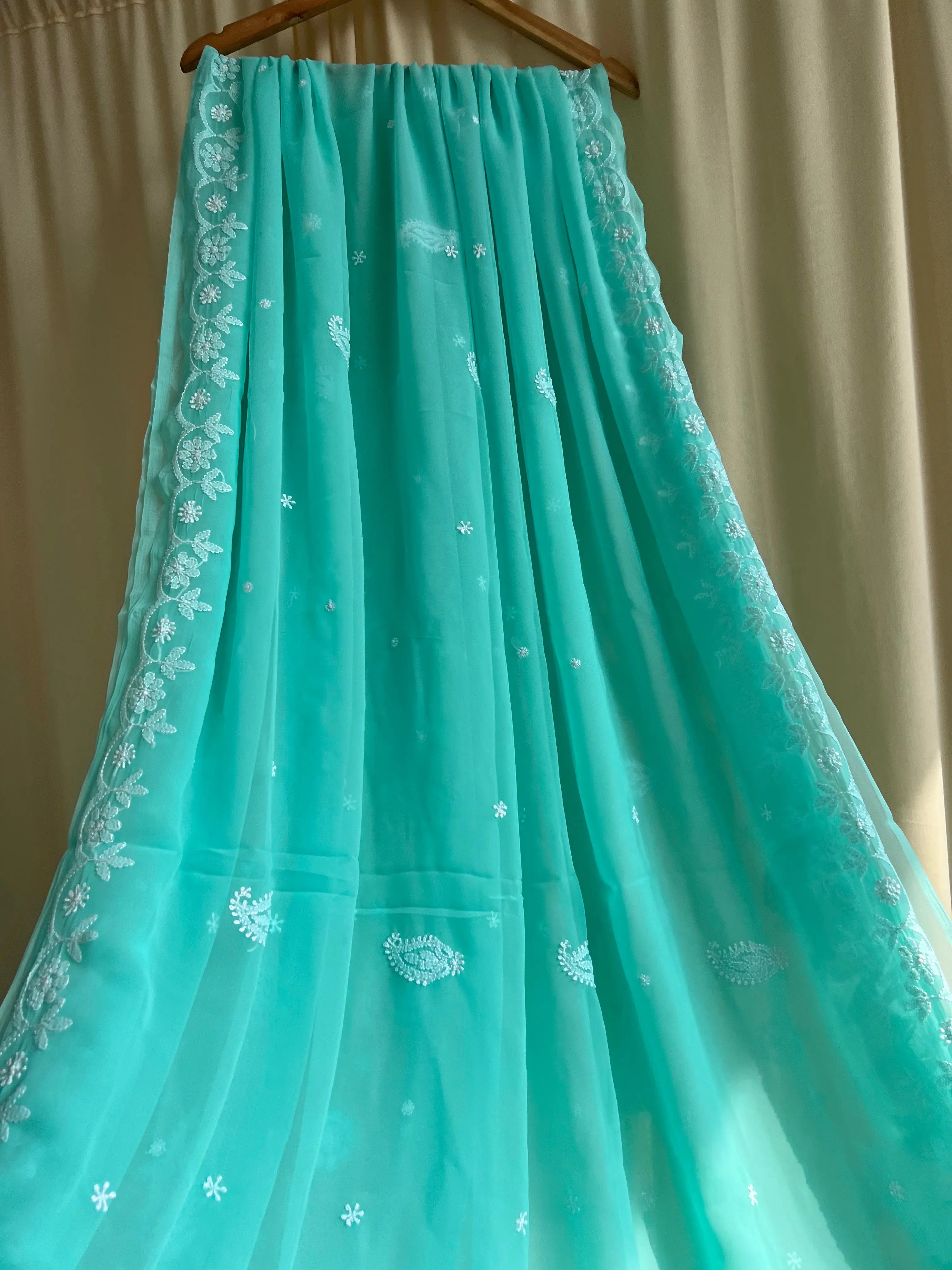 Georgette Chikankari saree in Green ARIAA CHIKANKARI