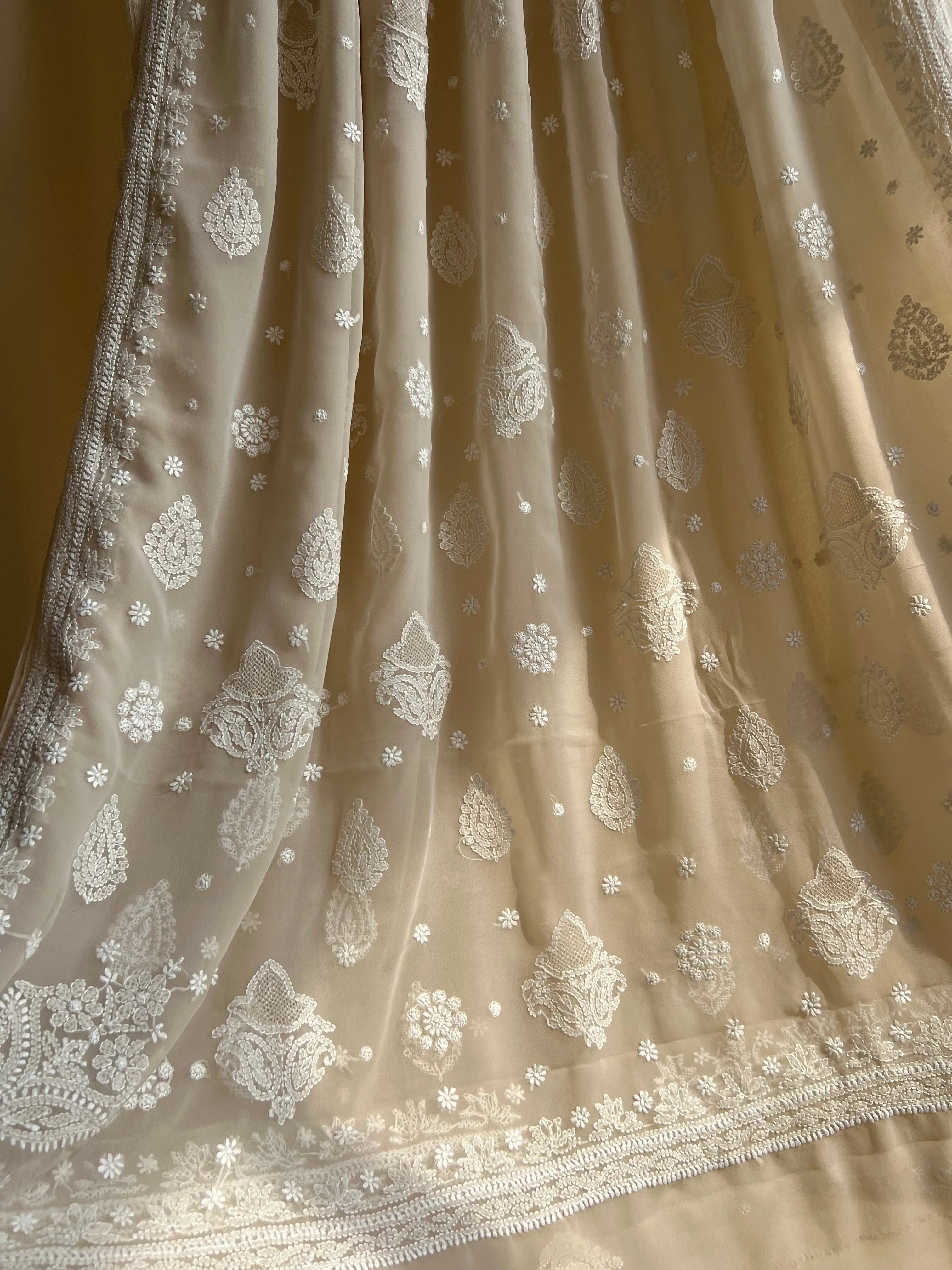 Georgette Chikankari saree in Fawn ARIAA CHIKANKARI