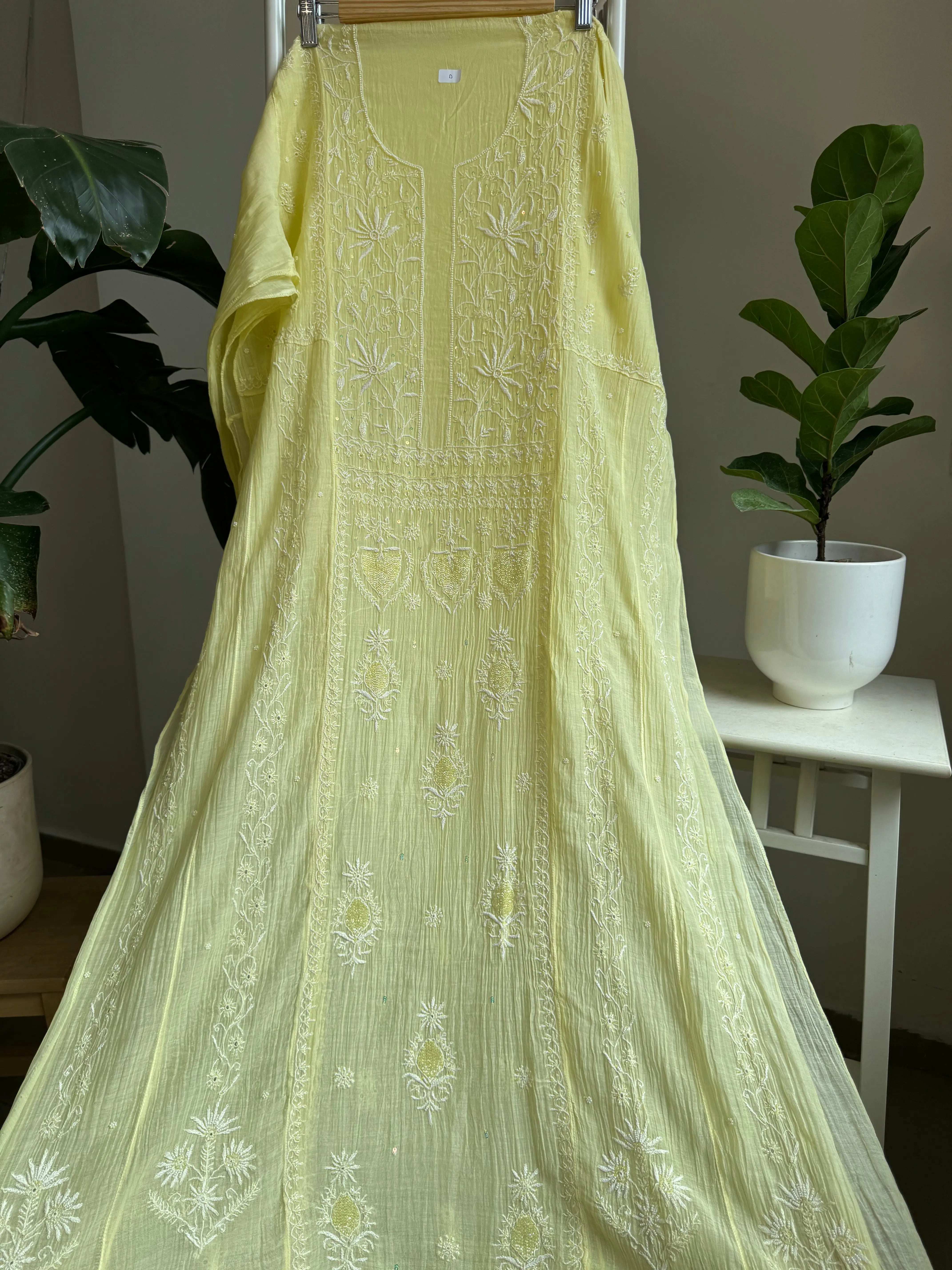 Mul Chanderi Anarkali - Yellow ARIAA CHIKANKARI