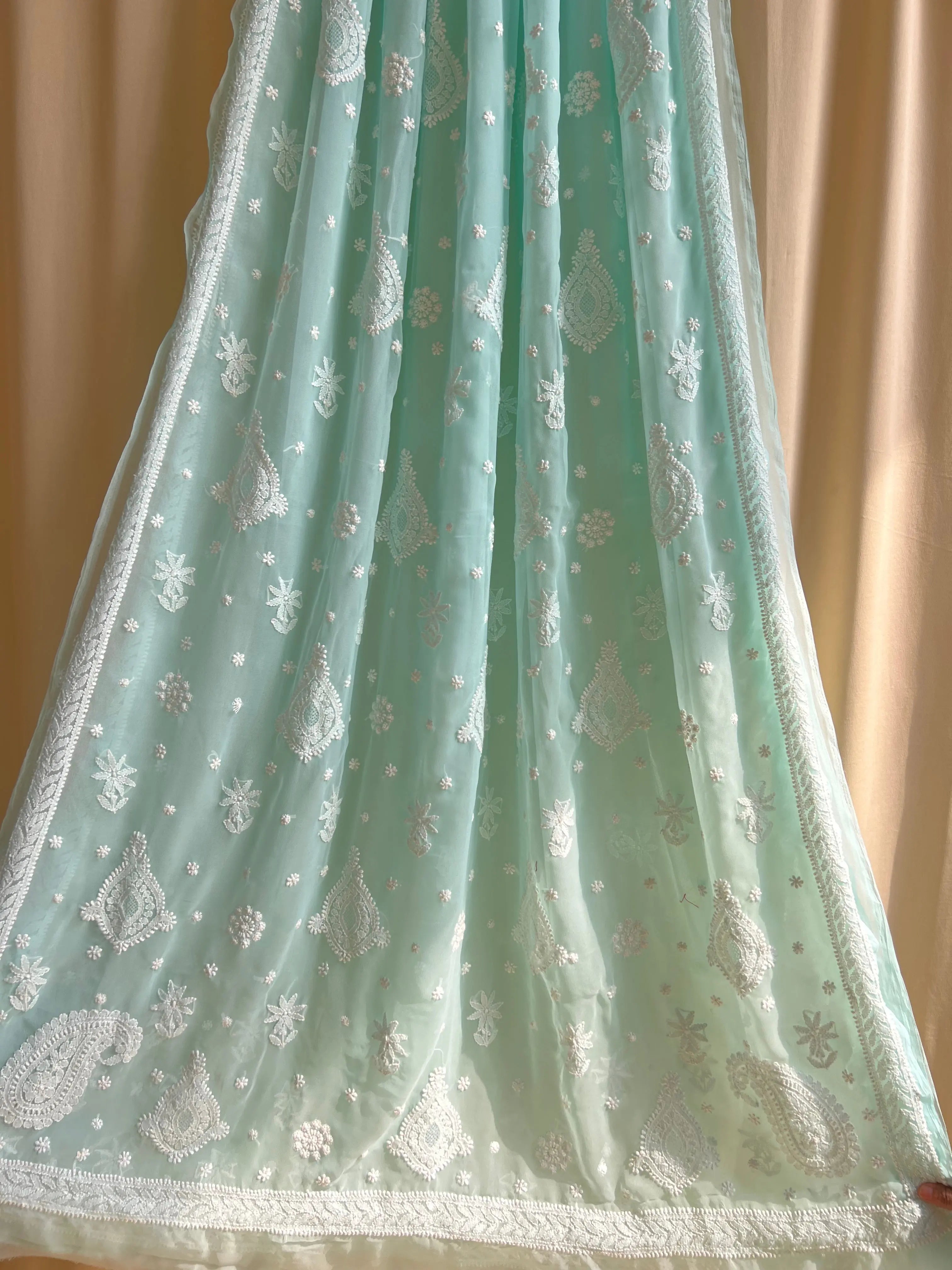 Georgette Chikankari saree in Sea Green ARIAA CHIKANKARI
