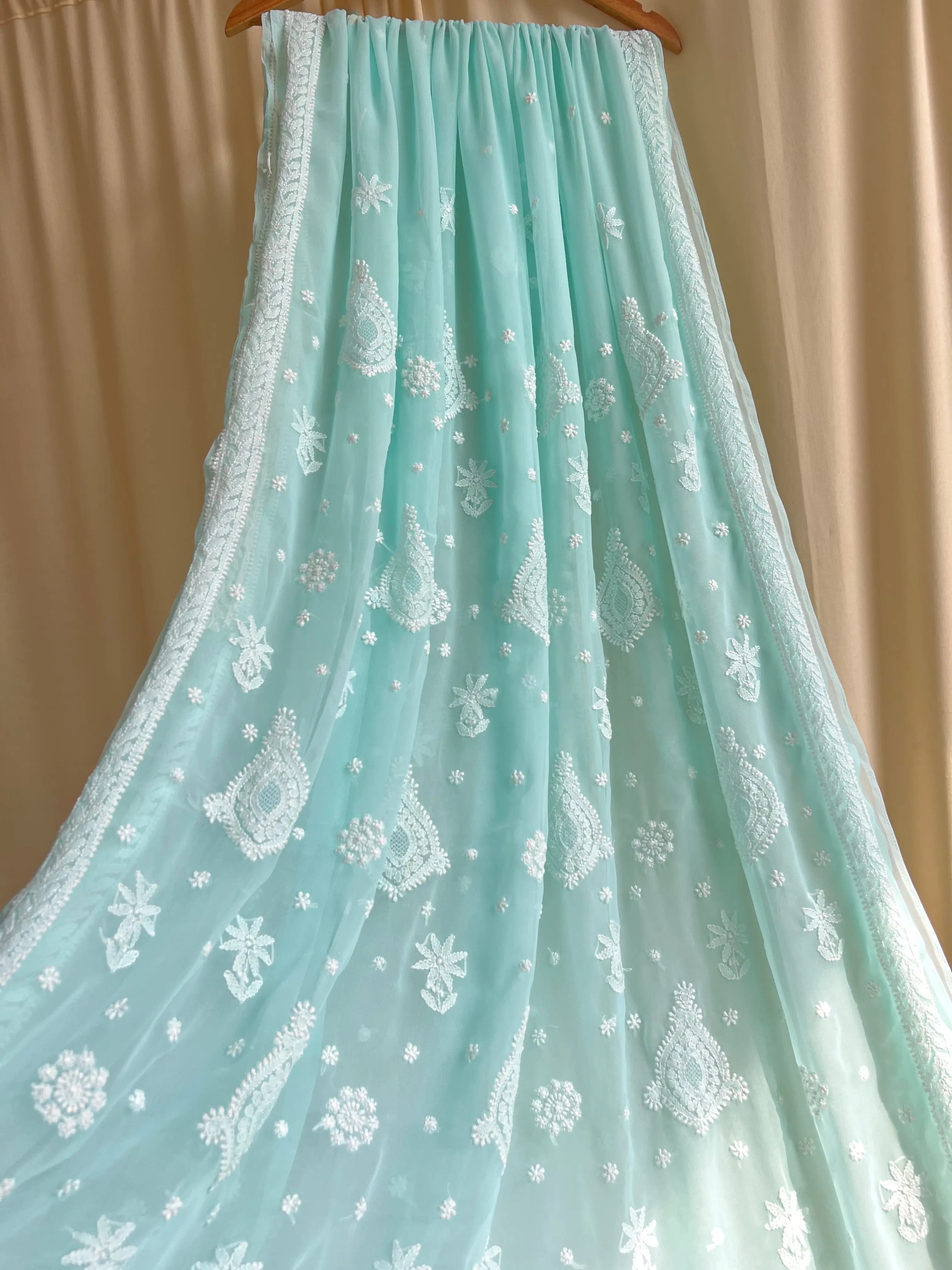 Georgette Chikankari saree in Sea Green ARIAA CHIKANKARI