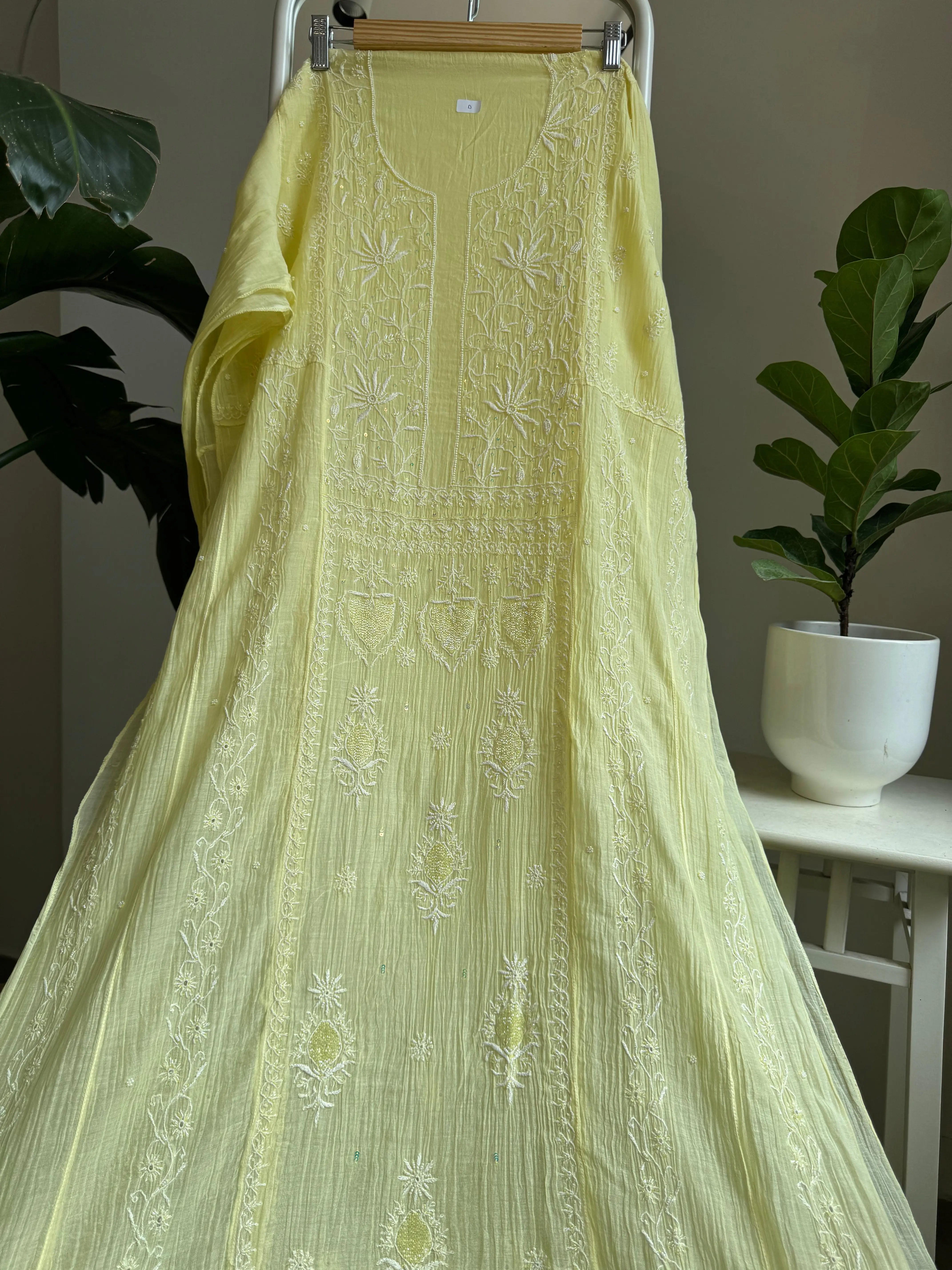 Mul Chanderi Anarkali - Yellow ARIAA CHIKANKARI