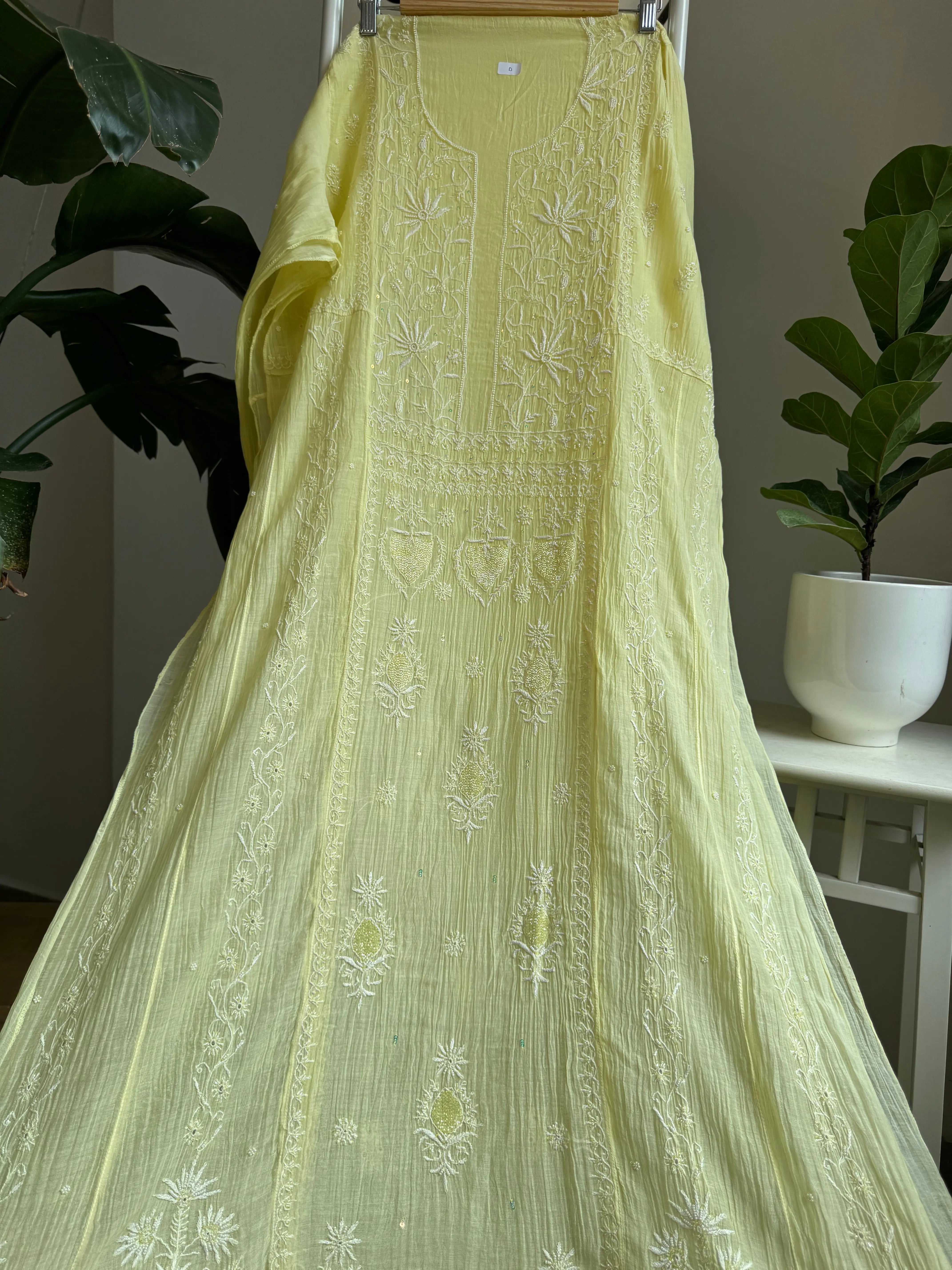 Mul Chanderi Anarkali - Yellow ARIAA CHIKANKARI