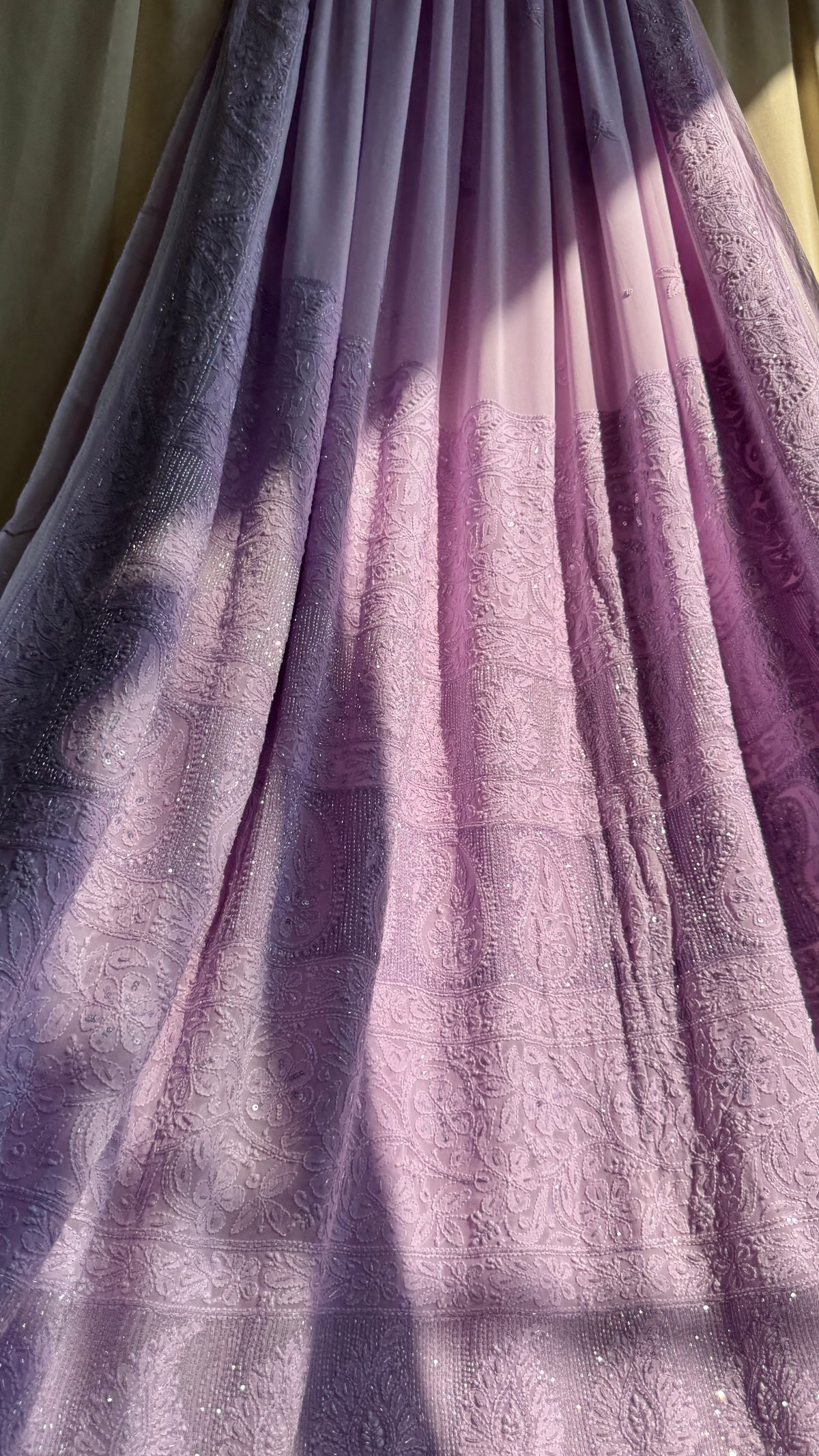 Viscose Lavender Chikankari saree with Pearl embellishments