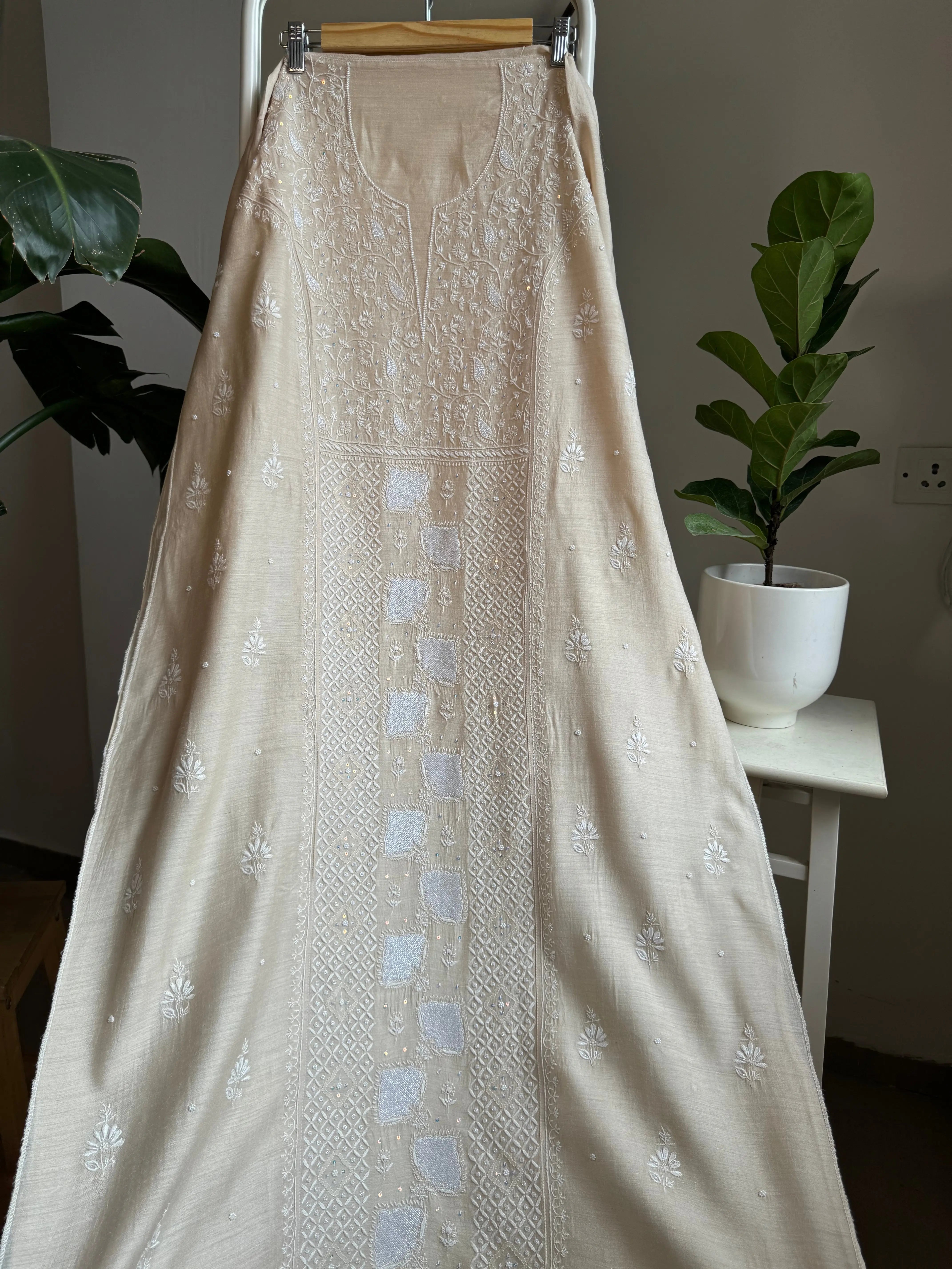 Silk Straight Semi Stitched - Beige ARIAA CHIKANKARI