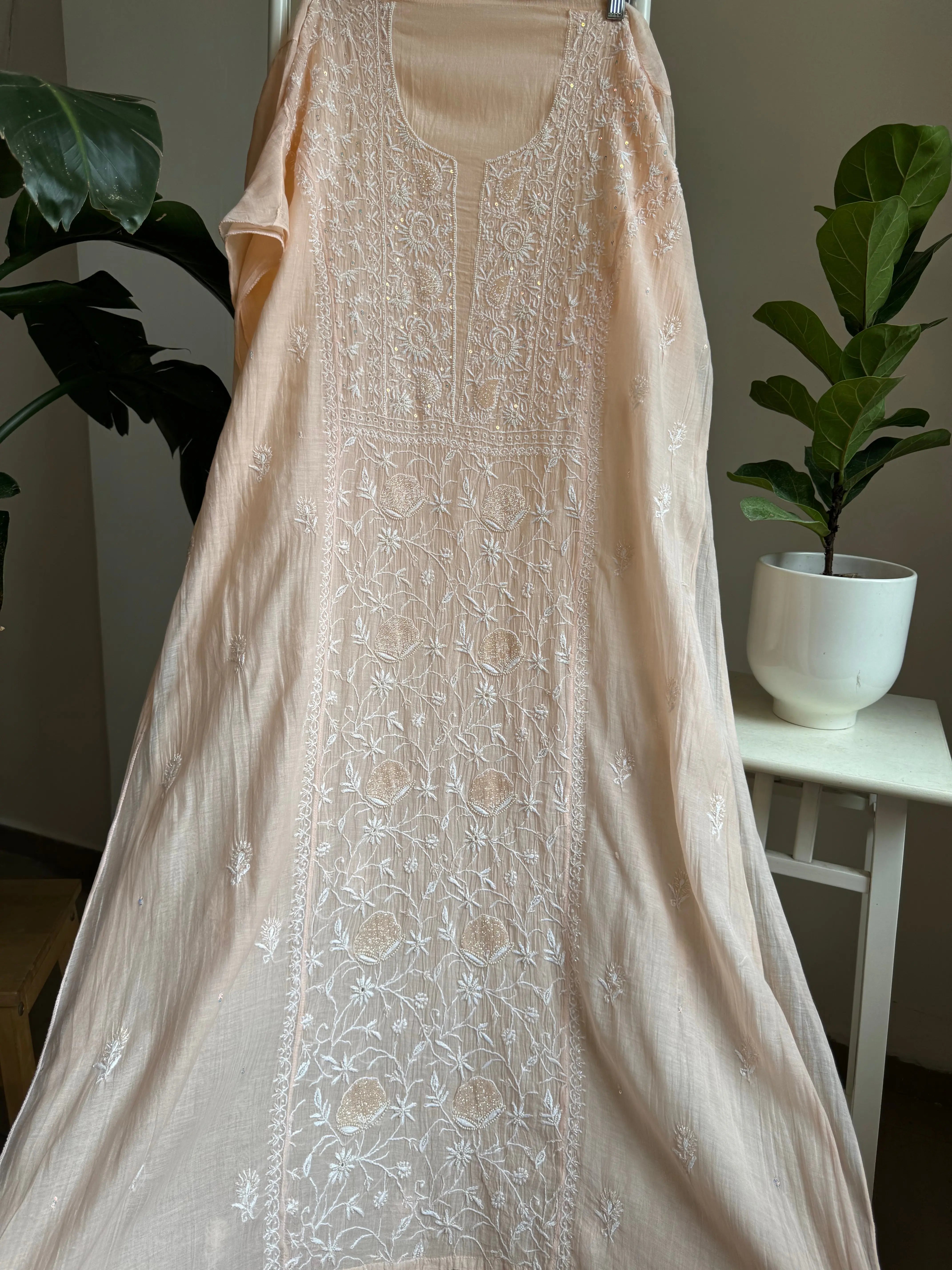 Mul Chanderi Straight Tunic - Peach ARIAA CHIKANKARI