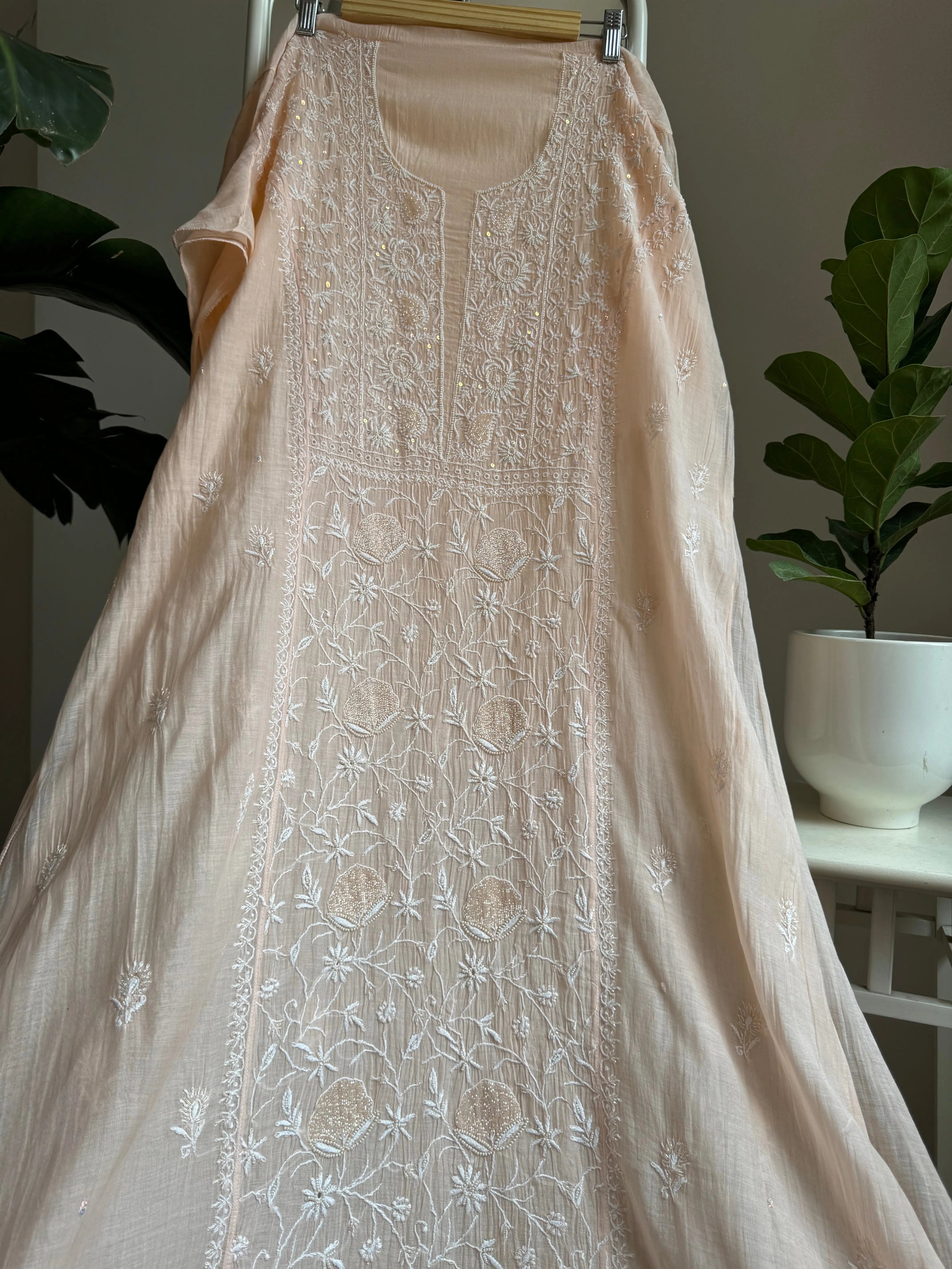 Mul Chanderi Straight Tunic - Peach ARIAA CHIKANKARI