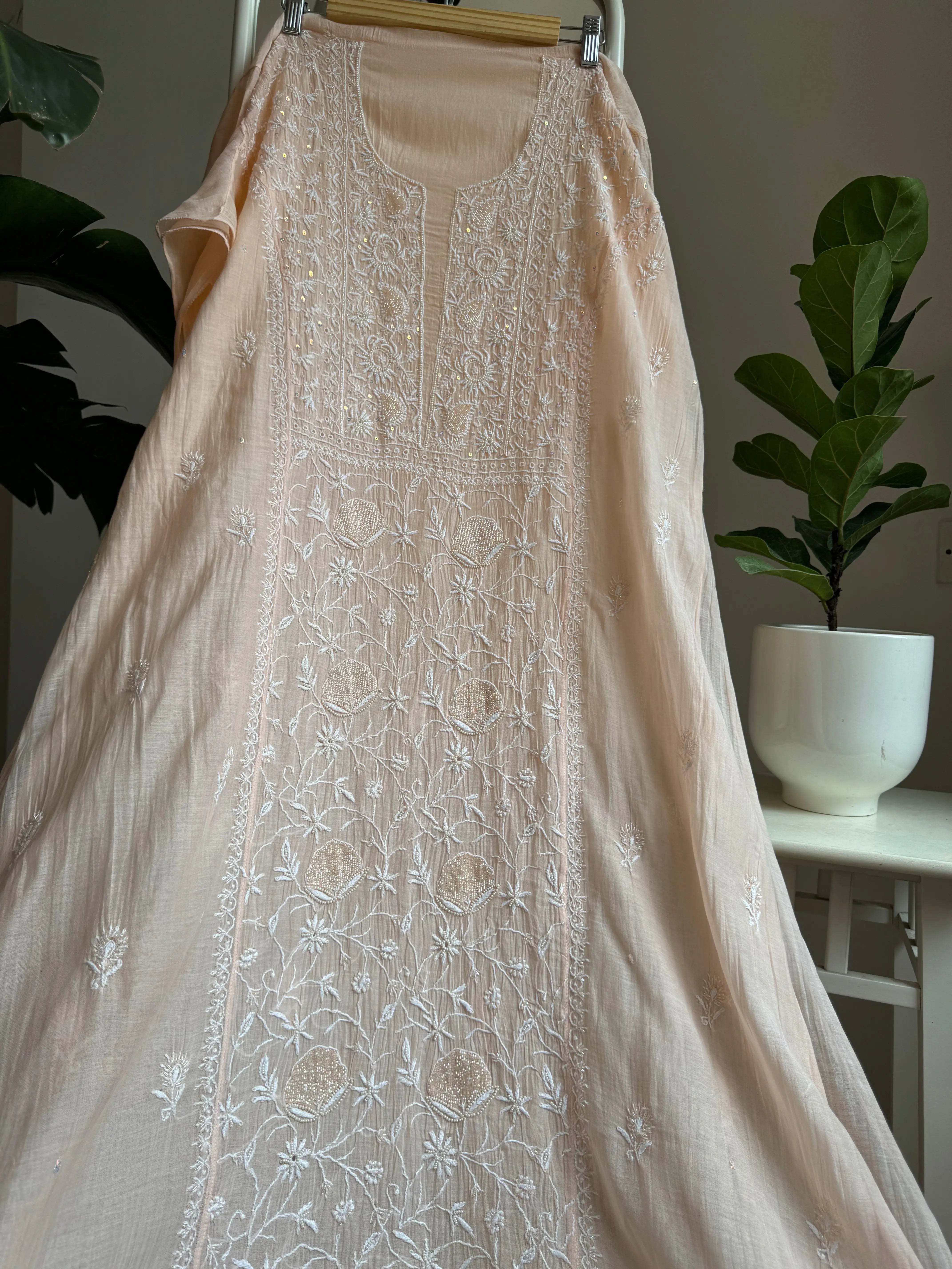 Mul Chanderi Straight Tunic - Peach ARIAA CHIKANKARI