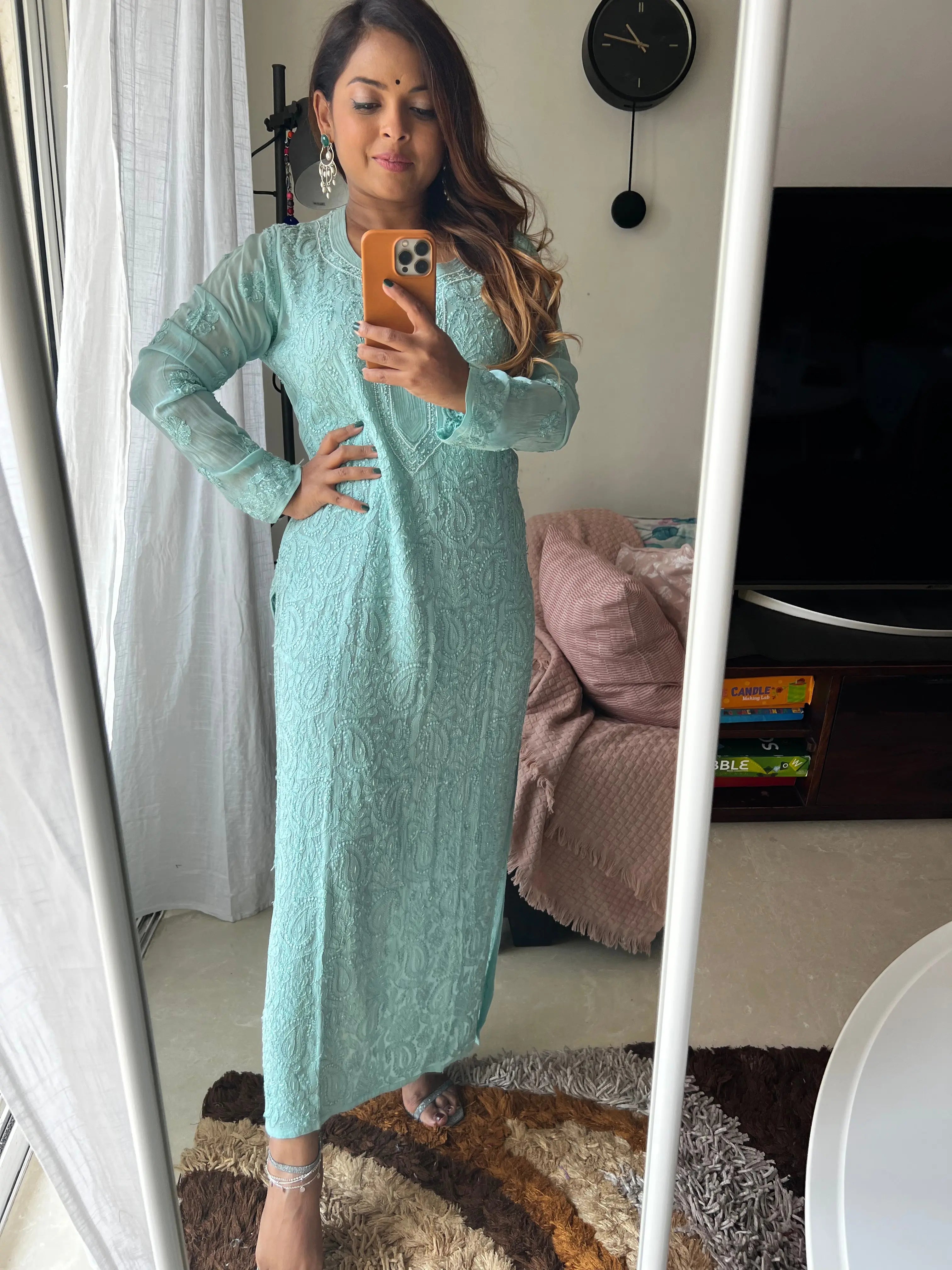 Viscose Kurti with Pearl Work - Tiffnay Green ARIAA CHIKANKARI