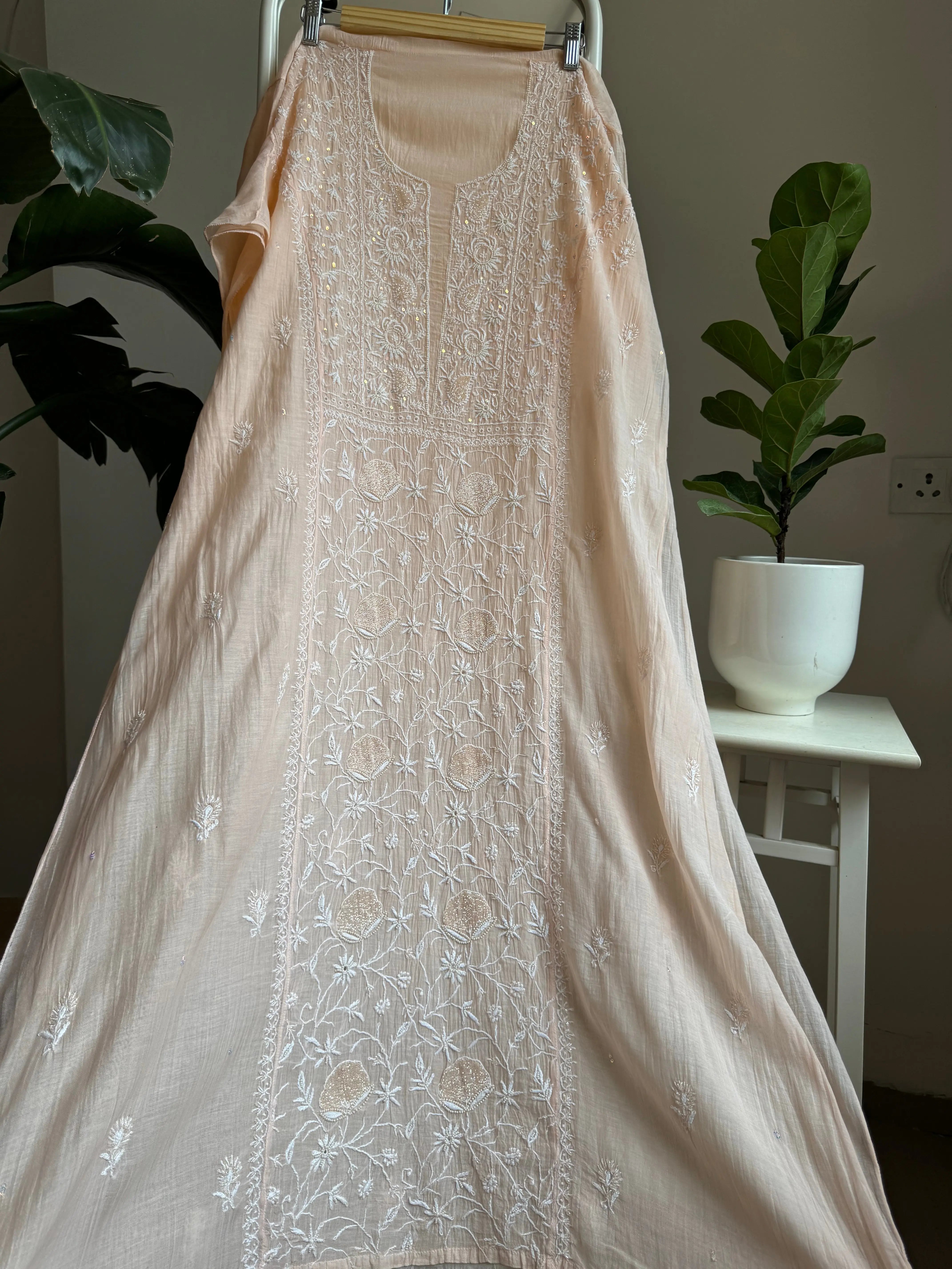 Mul Chanderi Straight Tunic - Peach ARIAA CHIKANKARI
