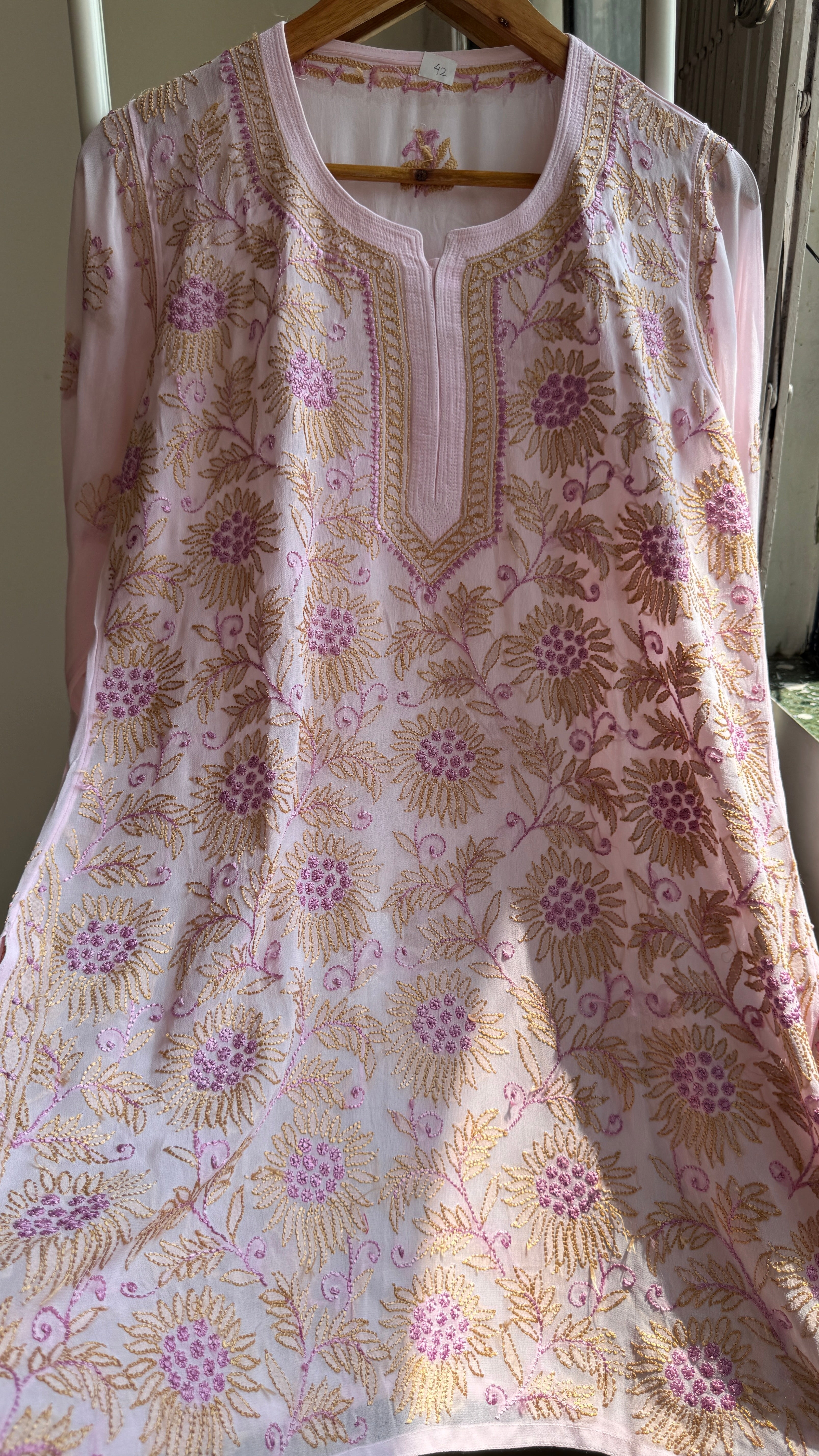 Chikankari Viscose Georgette short Top in Pink Multi Thread
