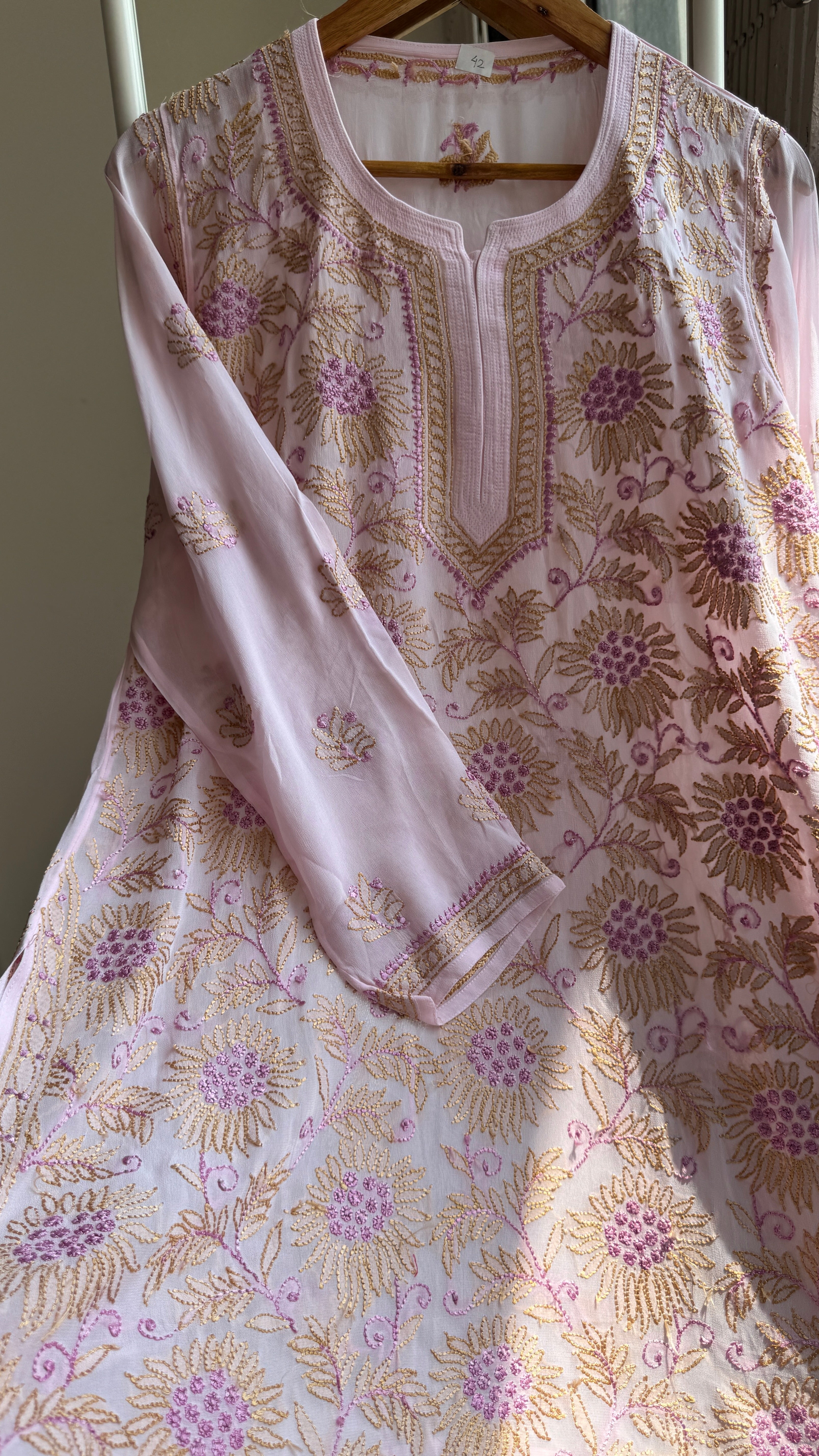 Chikankari Viscose Georgette short Top in Pink Multi Thread