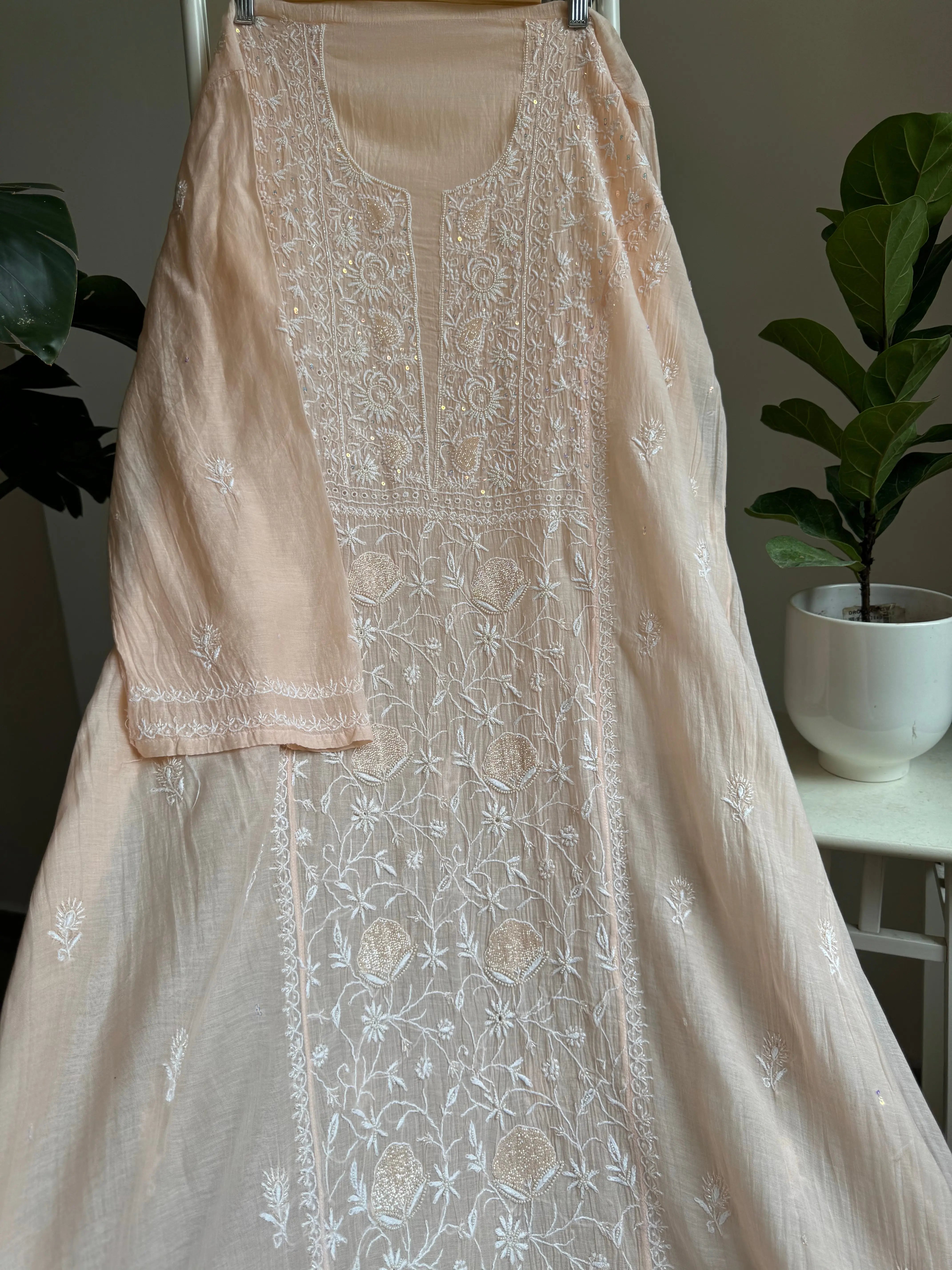 Mul Chanderi Straight Tunic - Peach ARIAA CHIKANKARI