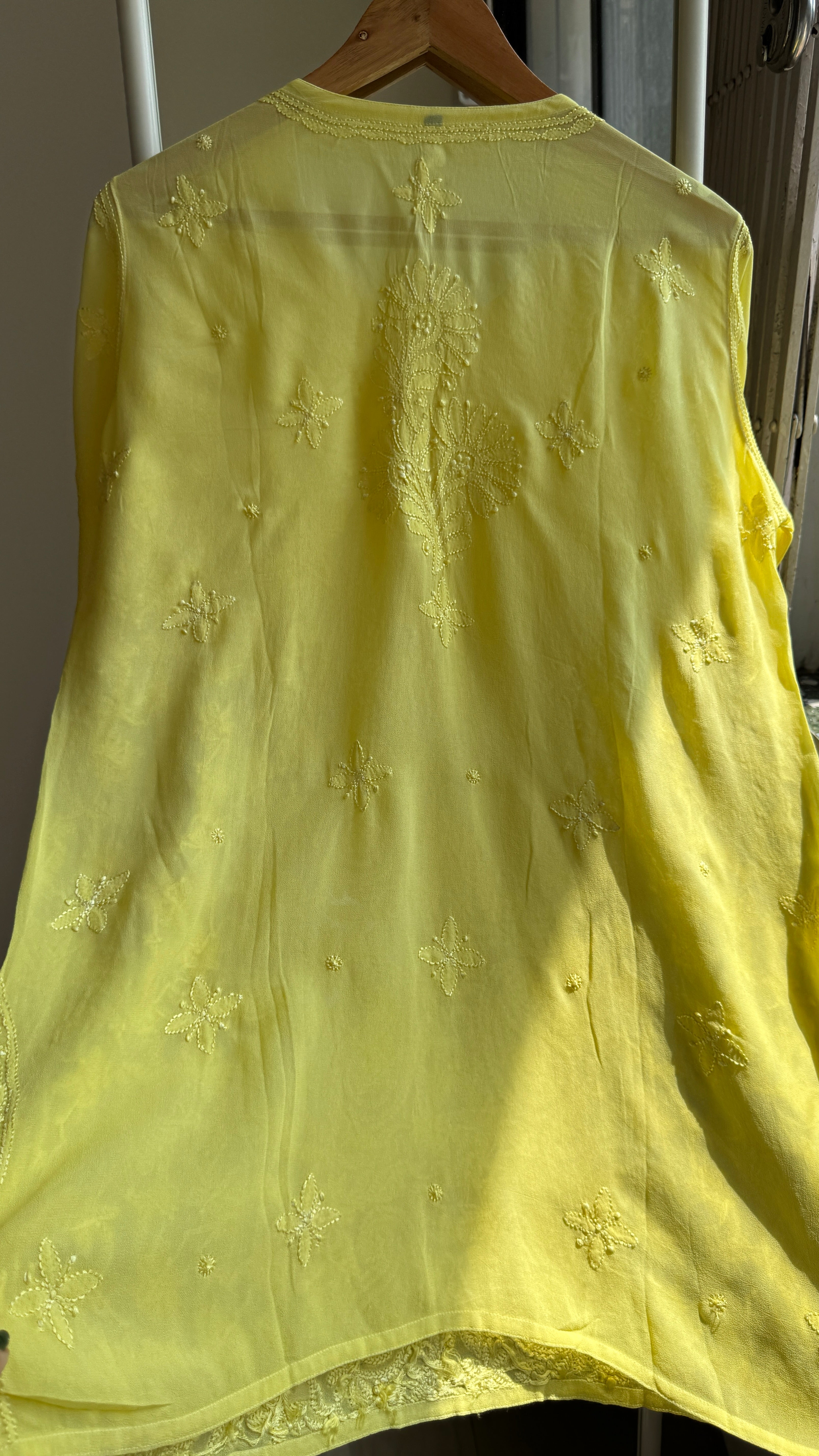 Chikankari Viscose Georgette short Top in canary Yellow