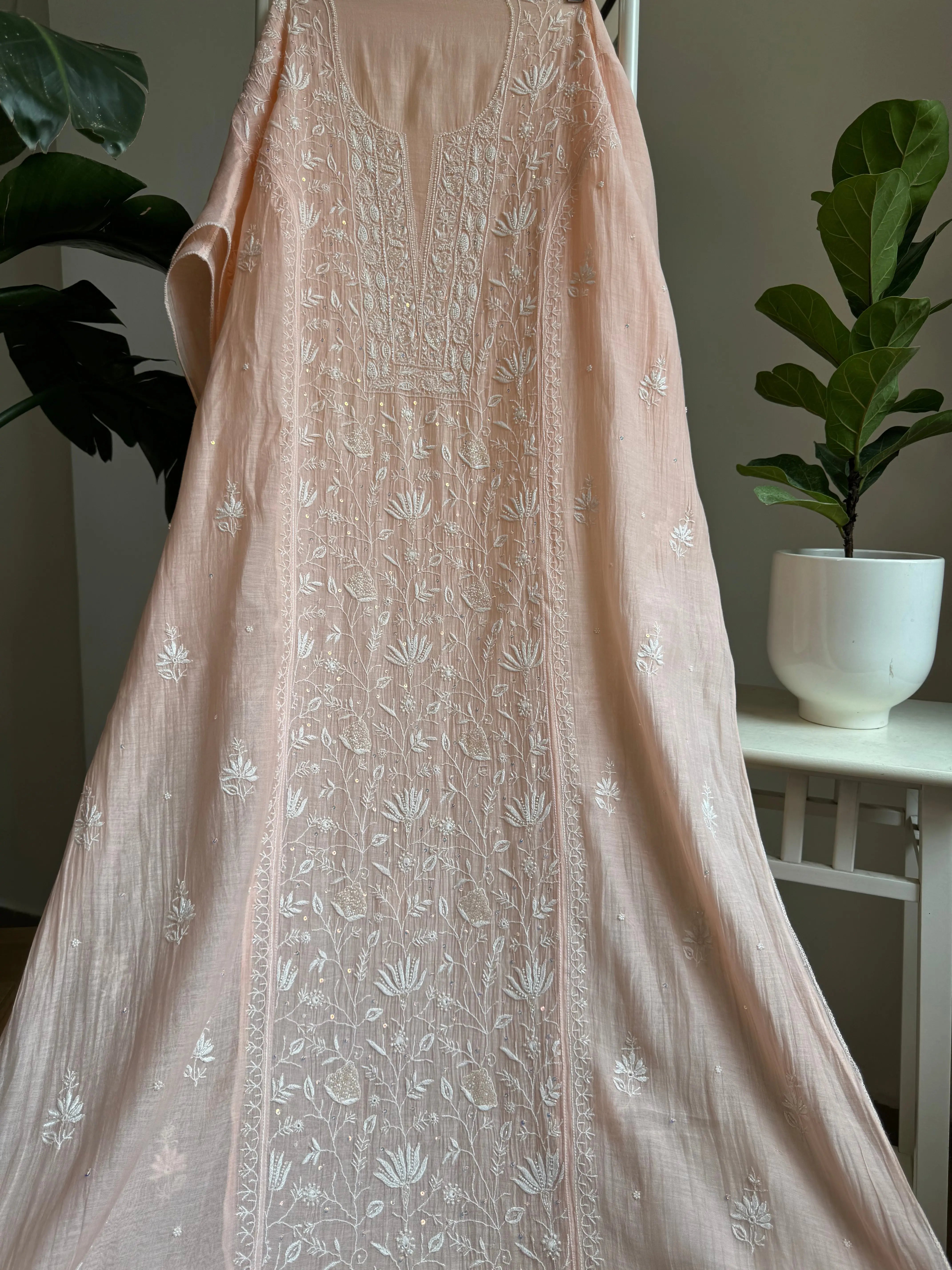 Mul Chanderi Straight Tunic - Peach ARIAA CHIKANKARI