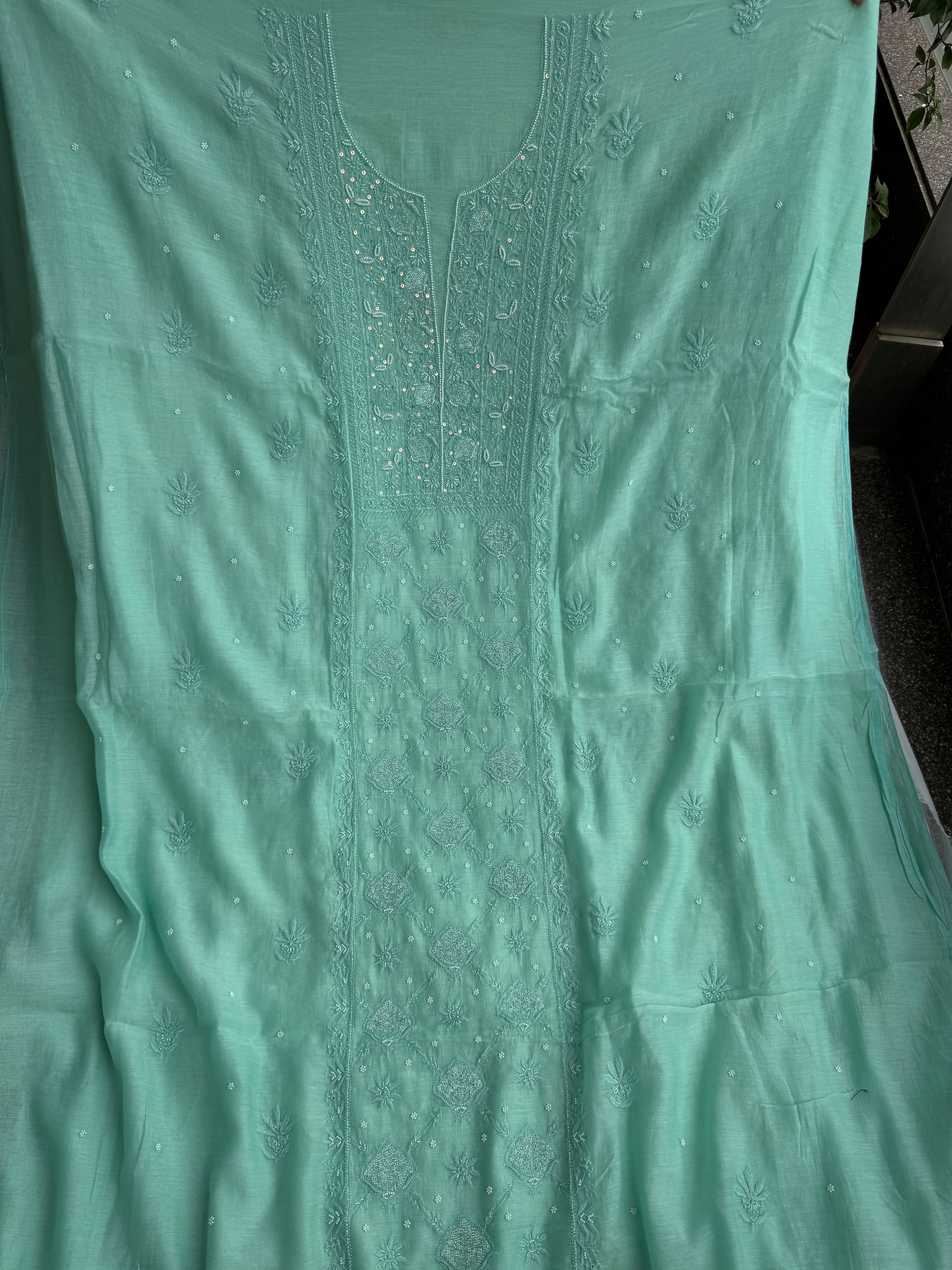 Mul Chanderi Chikankari Unstitched Length with Dupatta - Green ARIAA CHIKANKARI