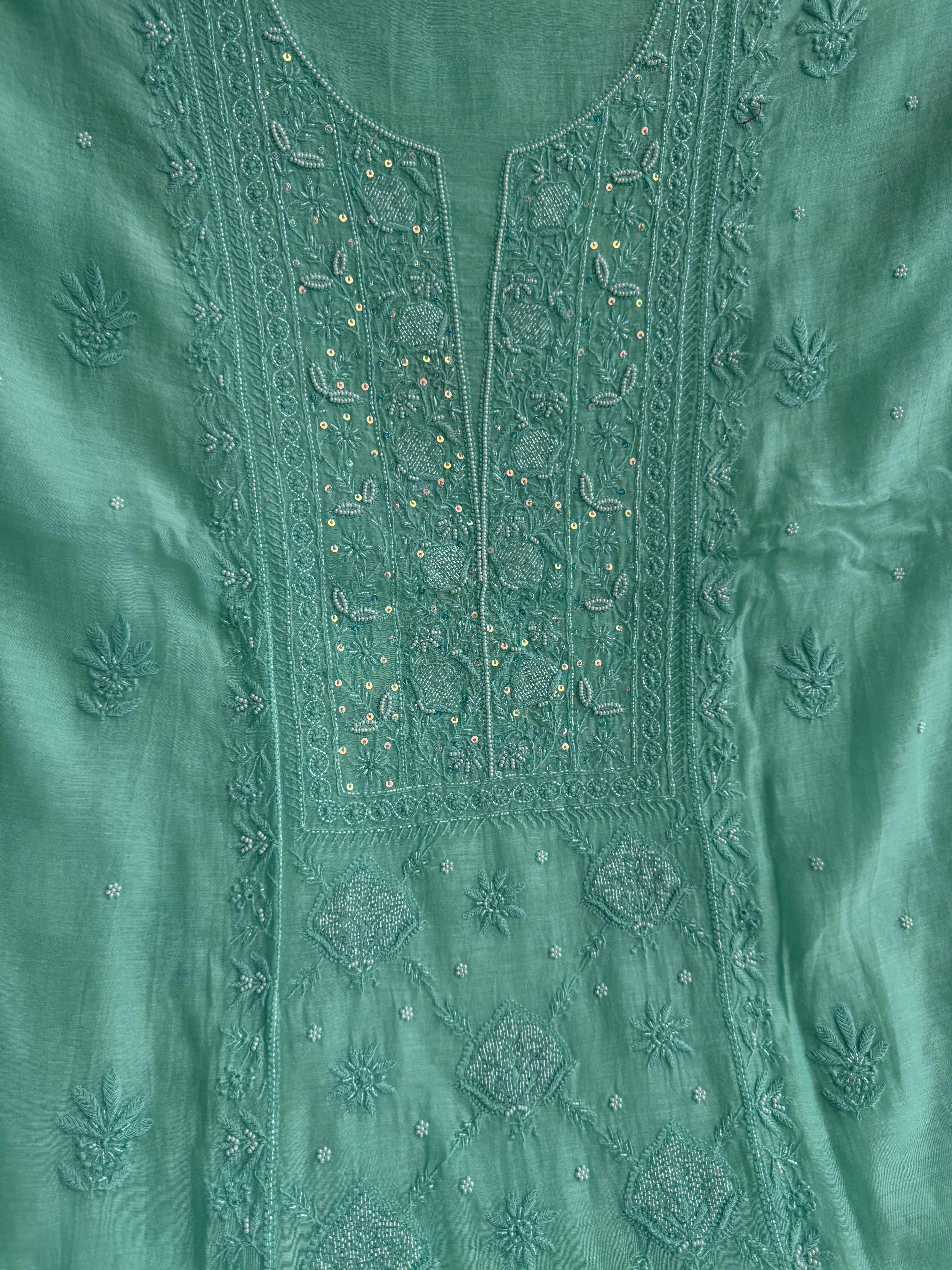 Mul Chanderi Chikankari Unstitched Length with Dupatta - Green ARIAA CHIKANKARI