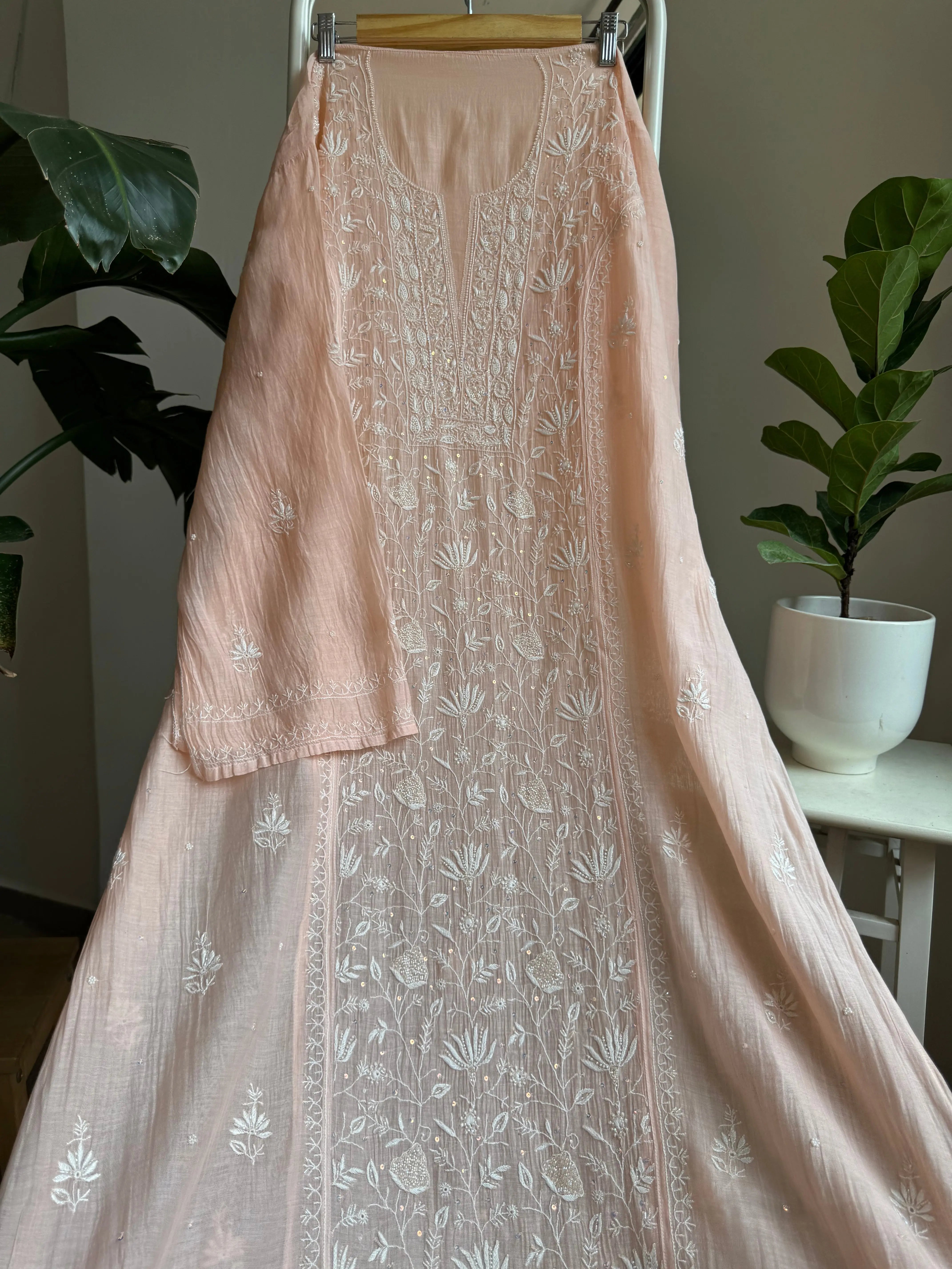Mul Chanderi Straight Tunic - Peach ARIAA CHIKANKARI