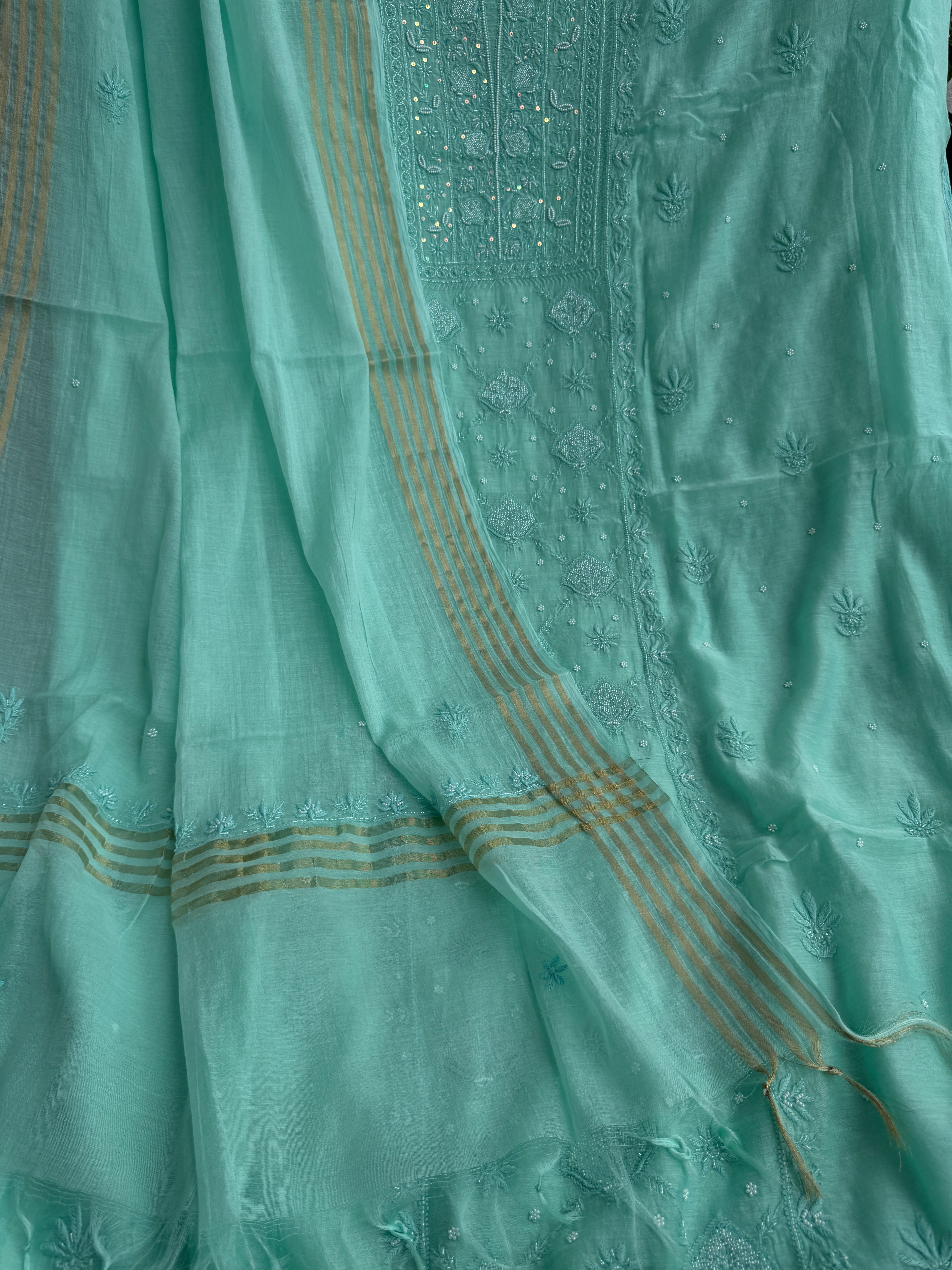 Mul Chanderi Chikankari Unstitched Length with Dupatta - Green ARIAA CHIKANKARI