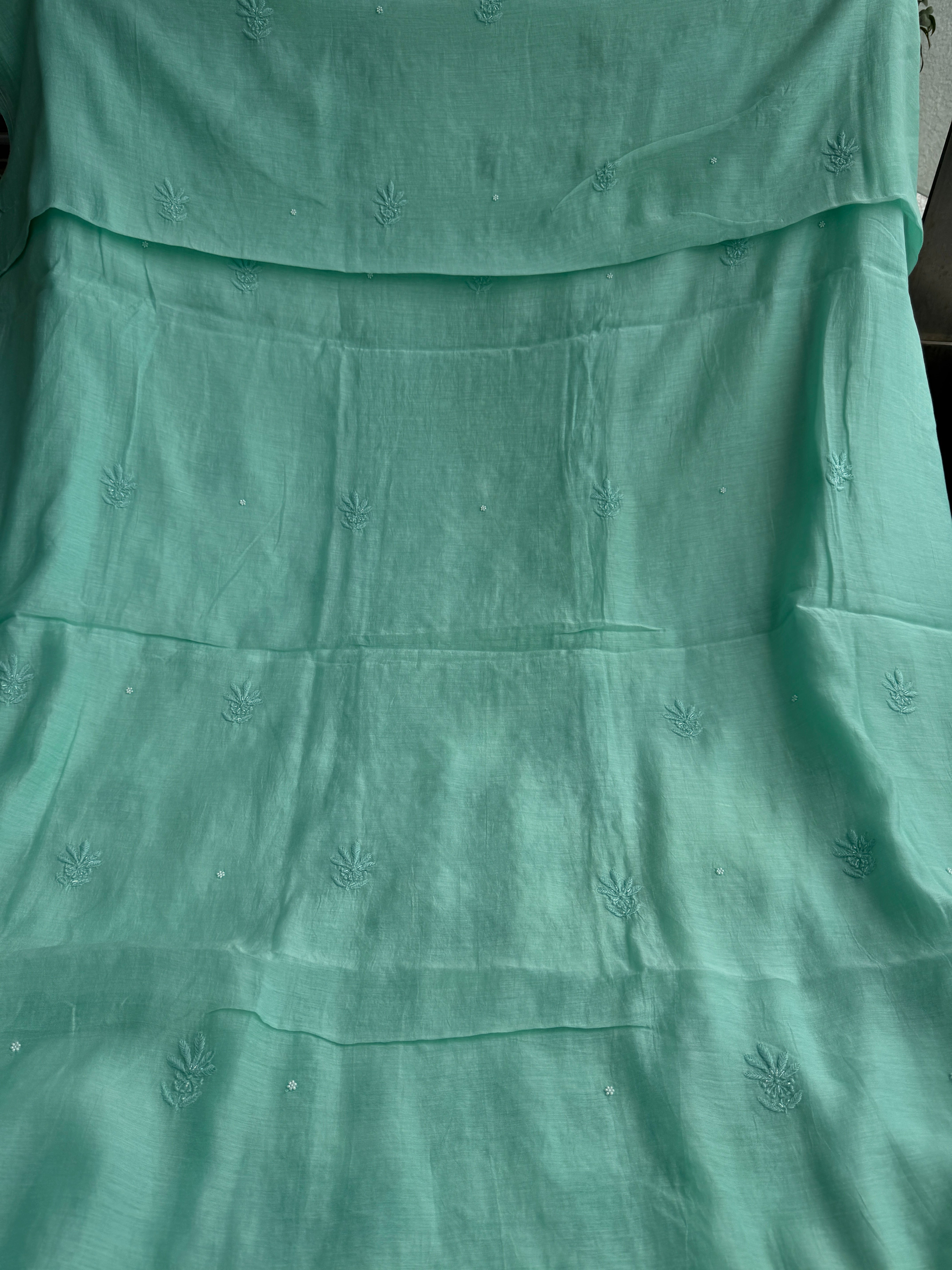 Mul Chanderi Chikankari Unstitched Length with Dupatta - Green ARIAA CHIKANKARI